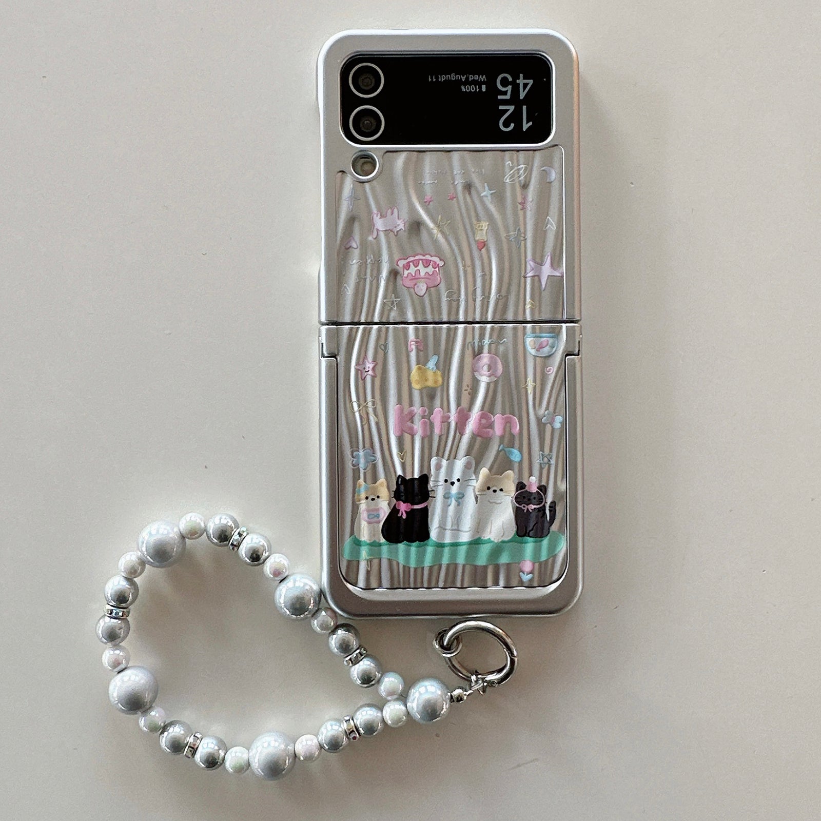 For Samsung Galaxy Z Flip4 5G Case Ripple Texture Pattern Print PC Phone Cover with Beads Hand Strap