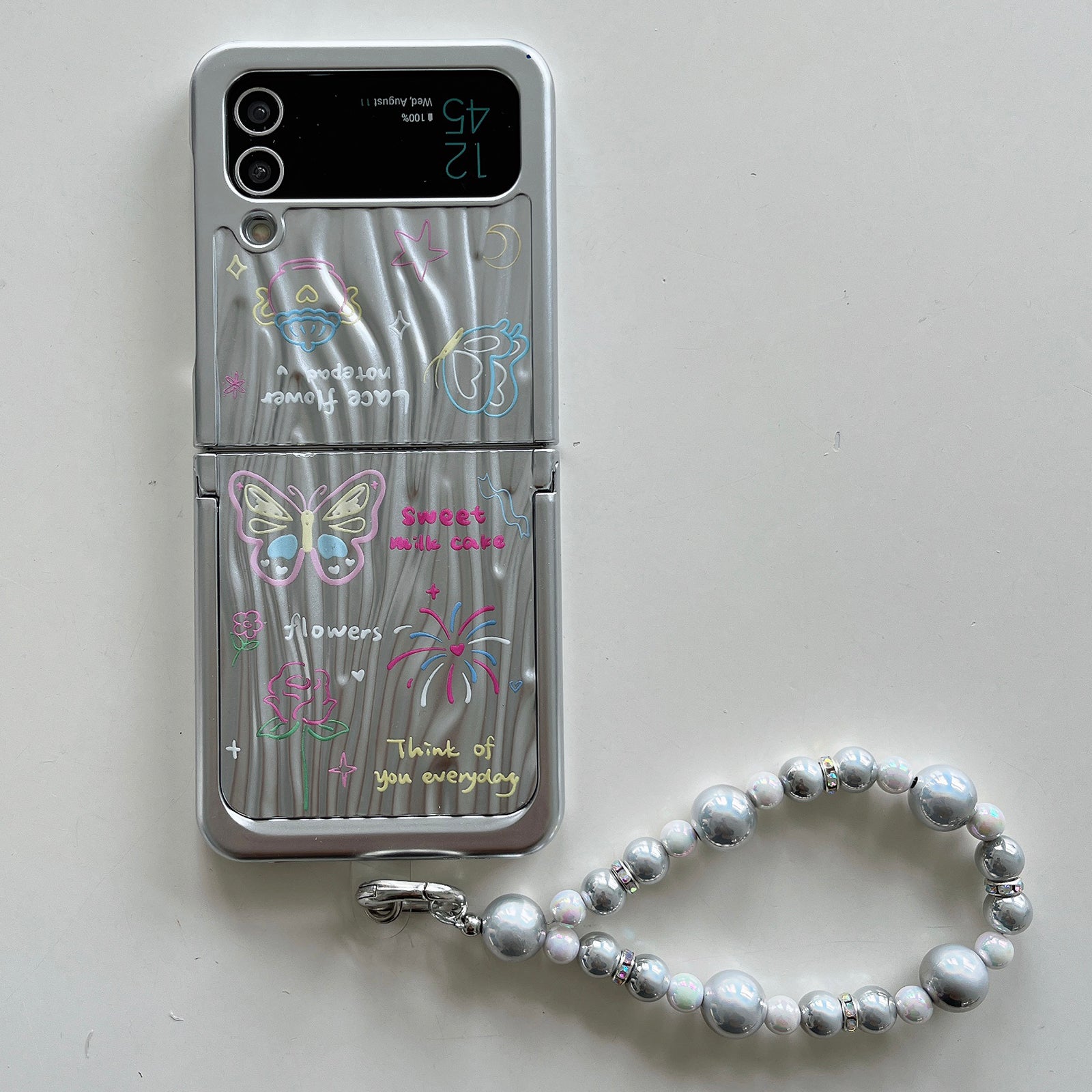 For Samsung Galaxy Z Flip4 5G Case Ripple Texture Pattern Print PC Phone Cover with Beads Hand Strap