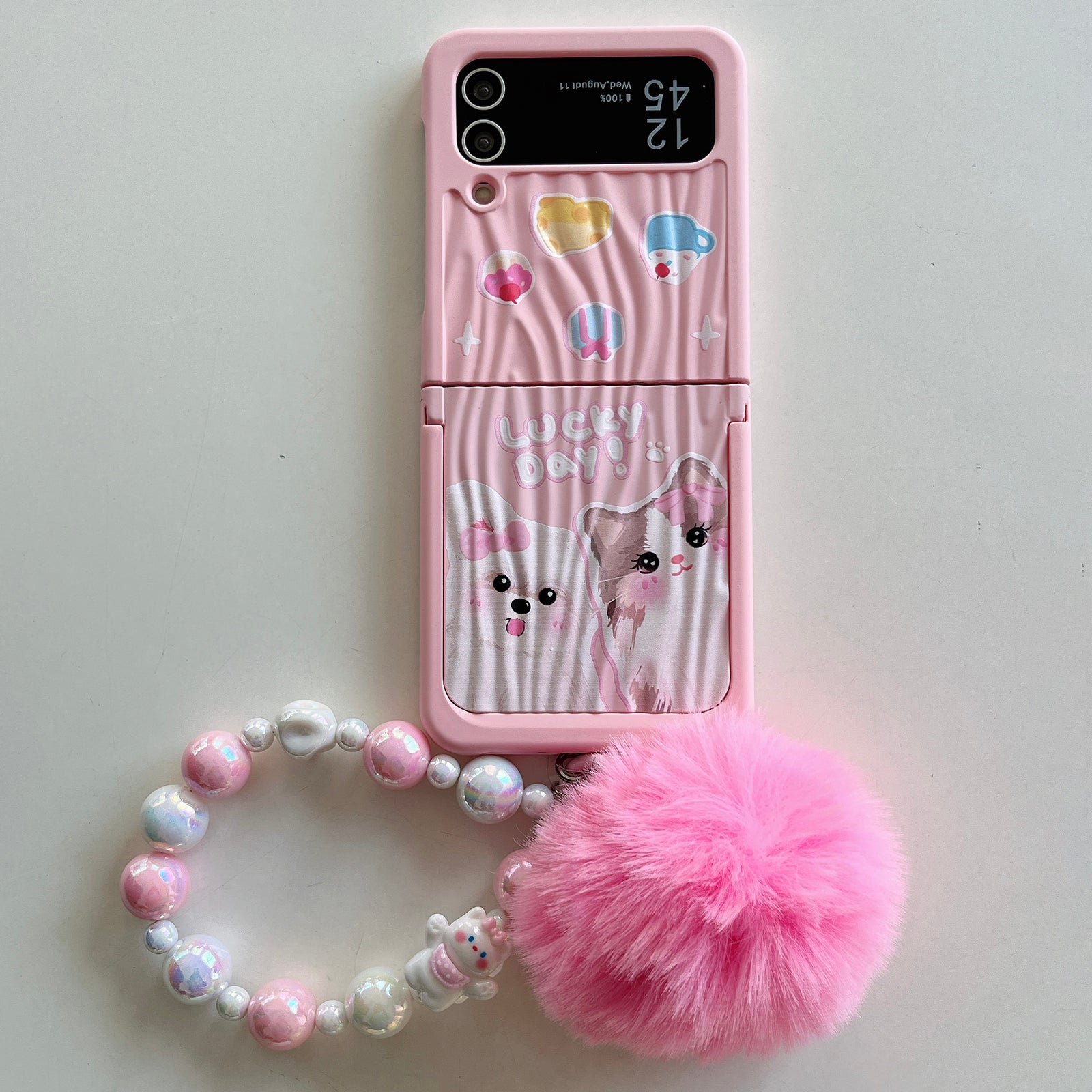 For Samsung Galaxy Z Flip4 5G Case Ripple Texture Pattern Print PC Phone Cover with Beads Hand Strap