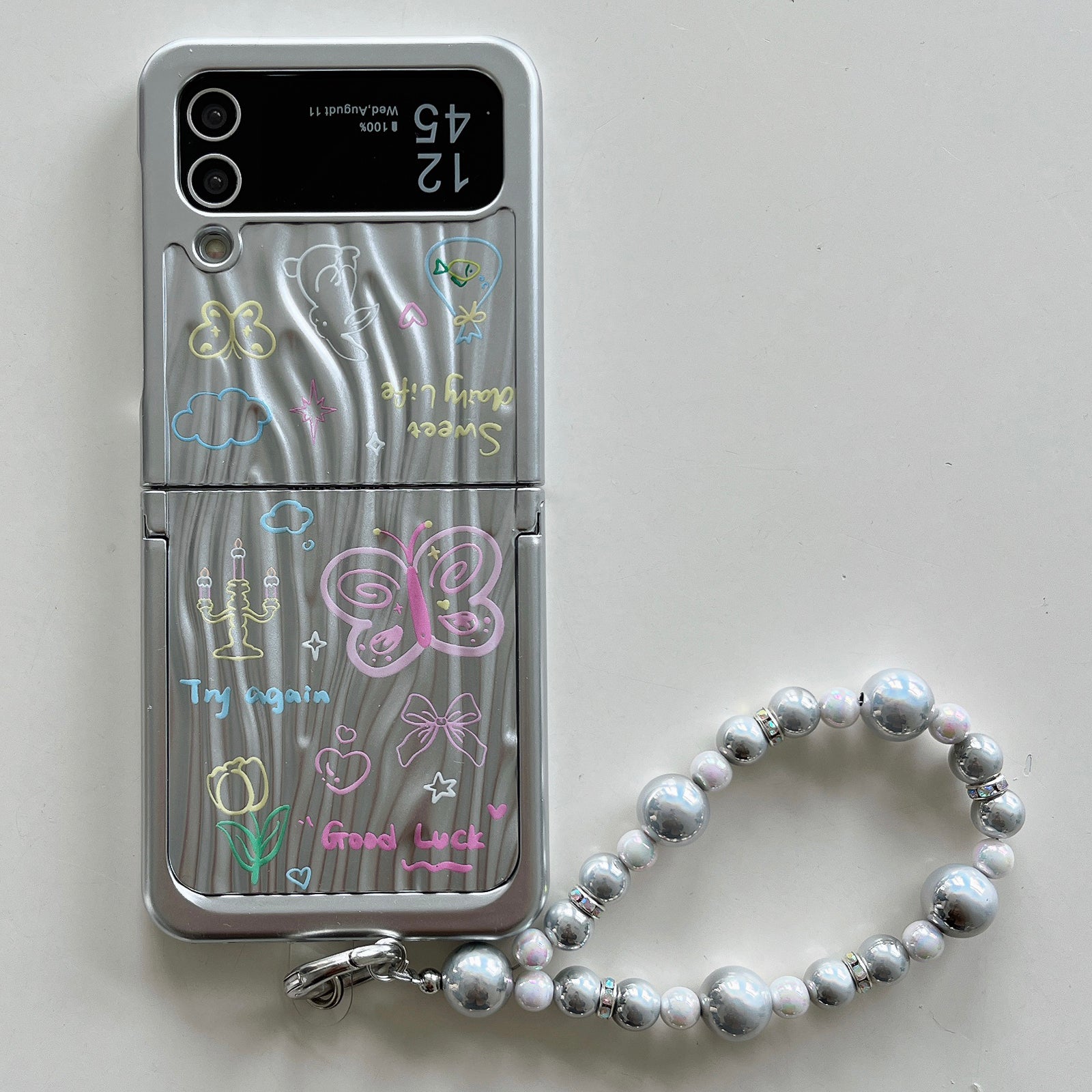 For Samsung Galaxy Z Flip4 5G Case Ripple Texture Pattern Print PC Phone Cover with Beads Hand Strap