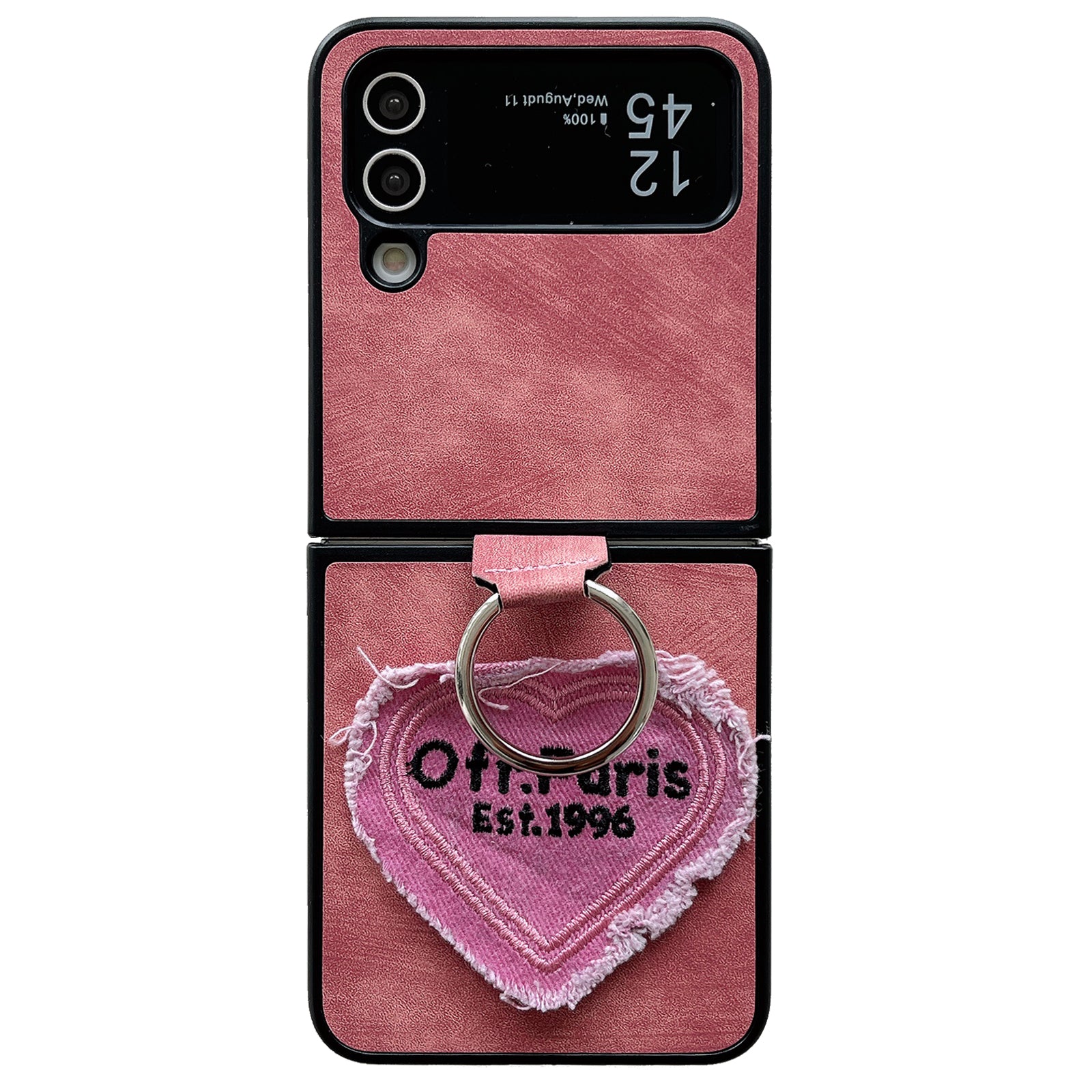 For Samsung Galaxy Z Flip4 5G Case Heart Embroidery Leather Coated PC Cover with Ring Kickstand