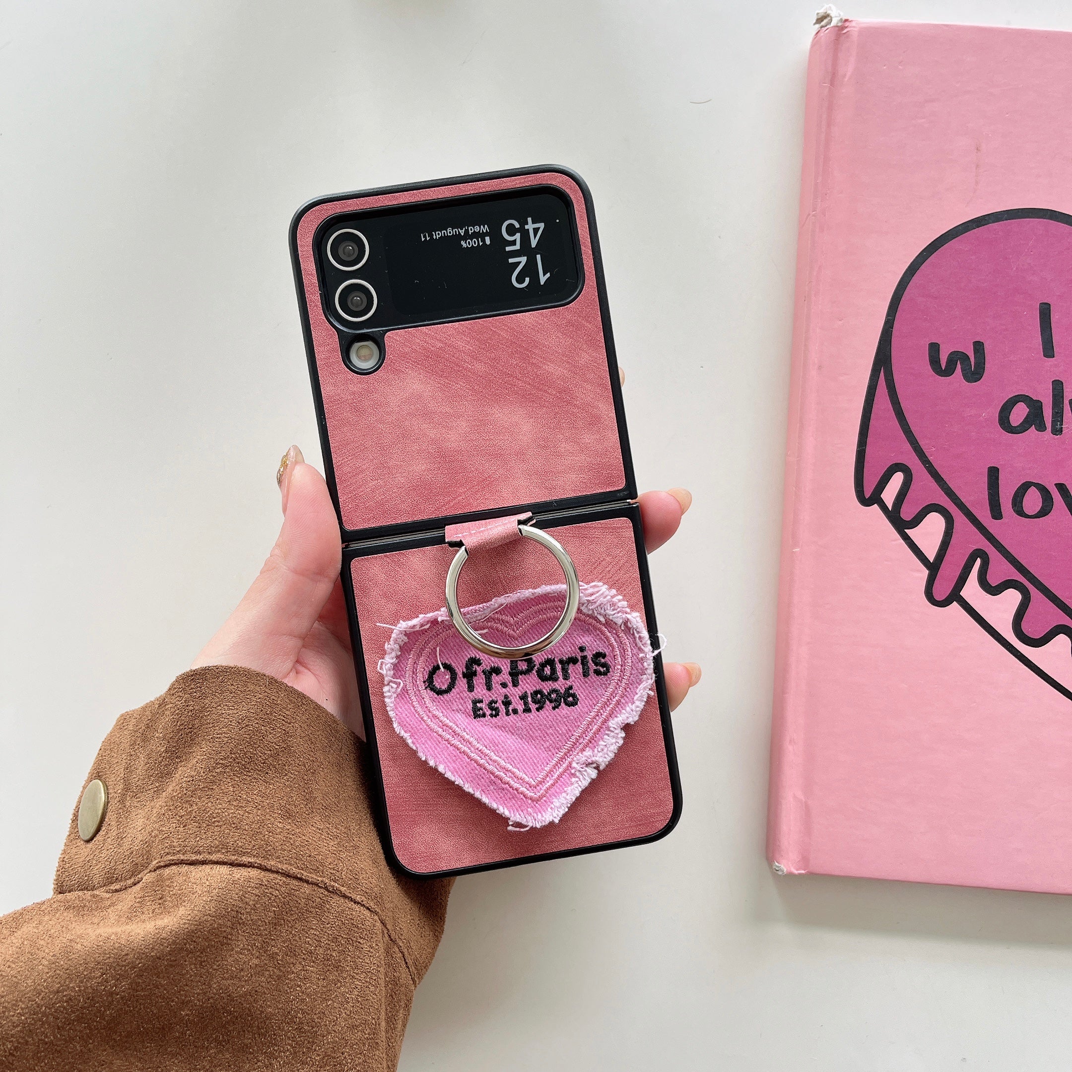 For Samsung Galaxy Z Flip4 5G Case Heart Embroidery Leather Coated PC Cover with Ring Kickstand