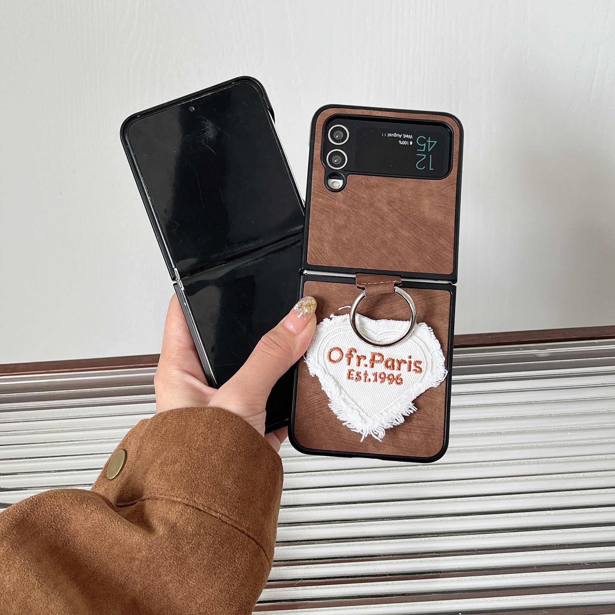 For Samsung Galaxy Z Flip4 5G Case Heart Embroidery Leather Coated PC Cover with Ring Kickstand