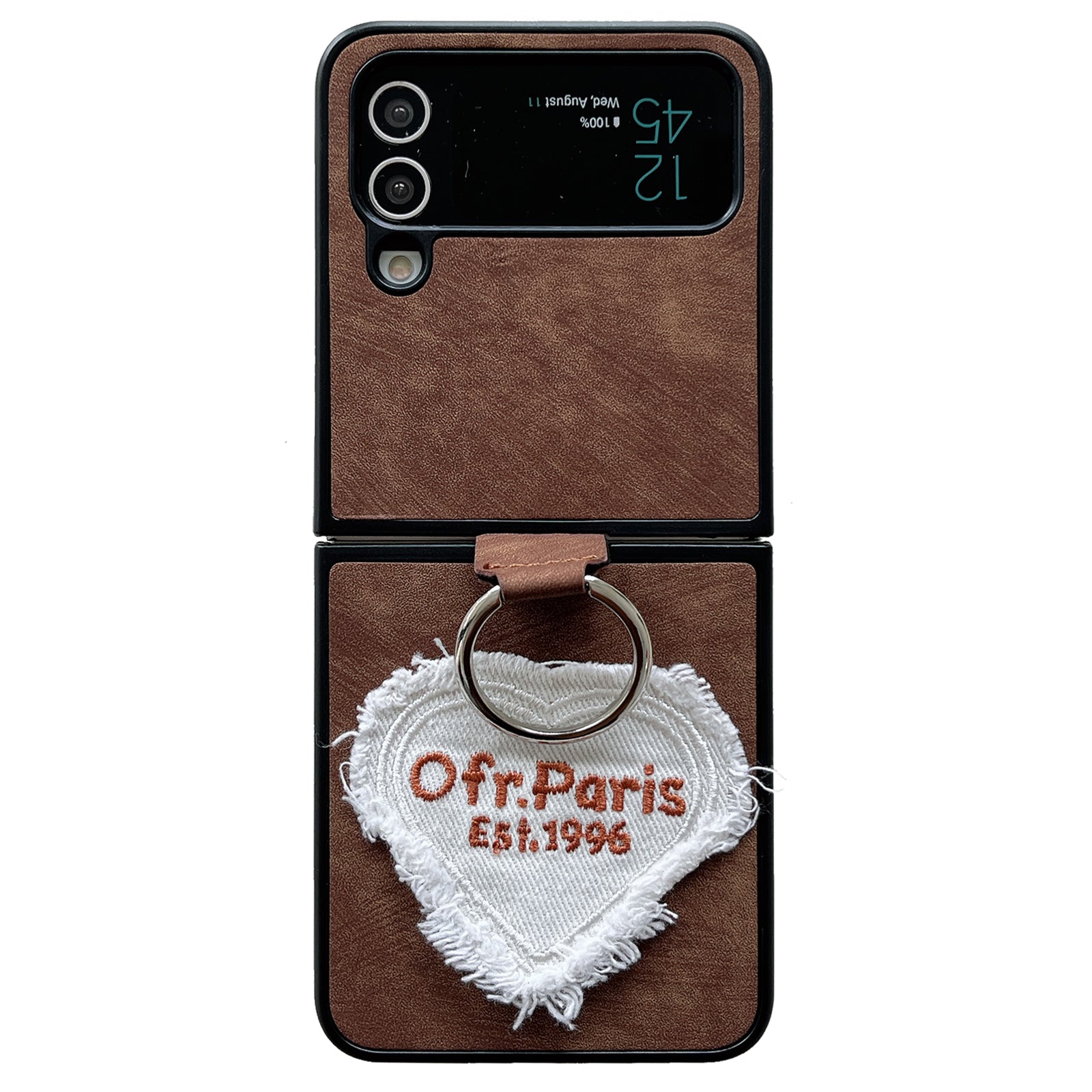 For Samsung Galaxy Z Flip4 5G Case Heart Embroidery Leather Coated PC Cover with Ring Kickstand