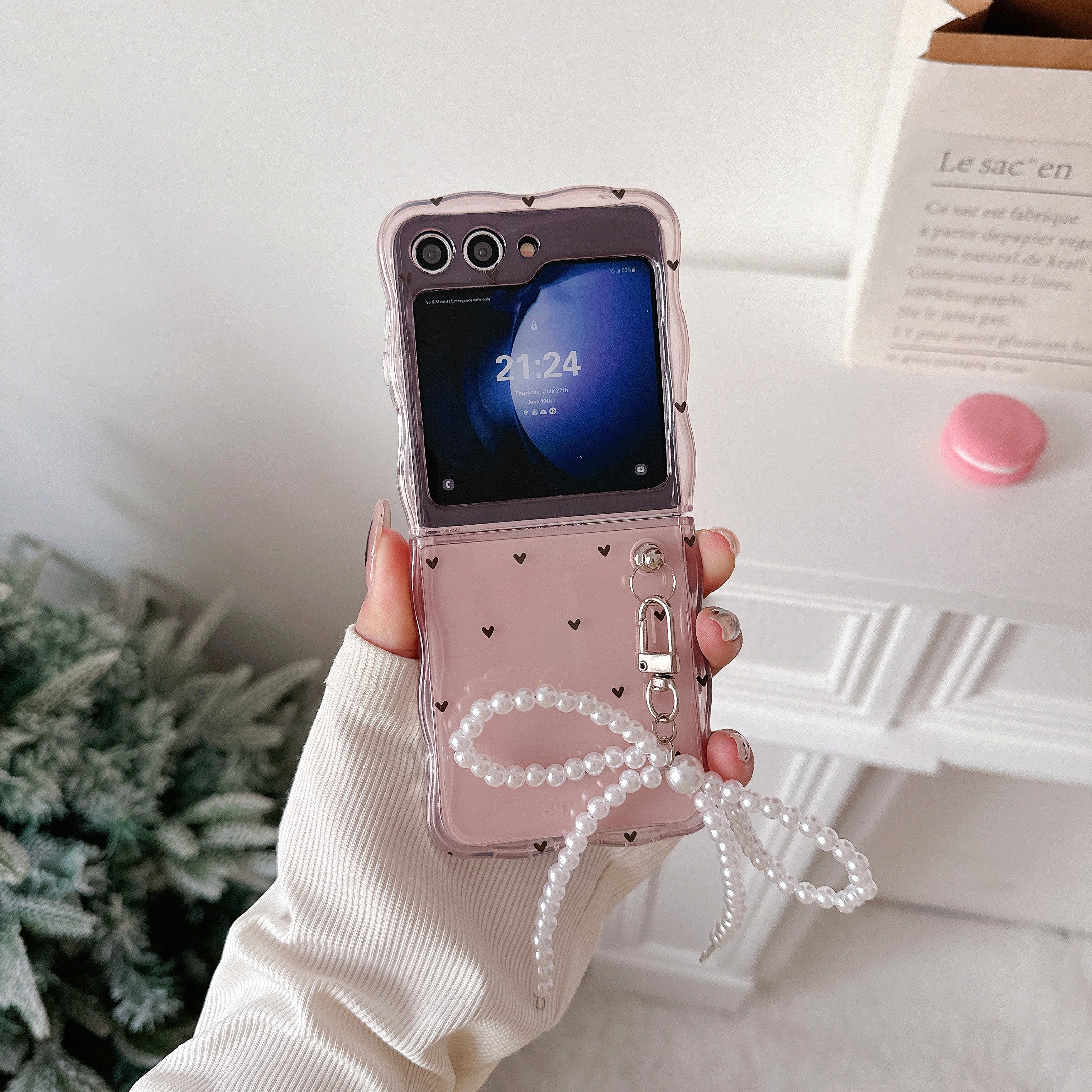 For Samsung Galaxy Z Flip5 5G Case TPU Folding Phone Cover with Pearls Bowknot Pendant