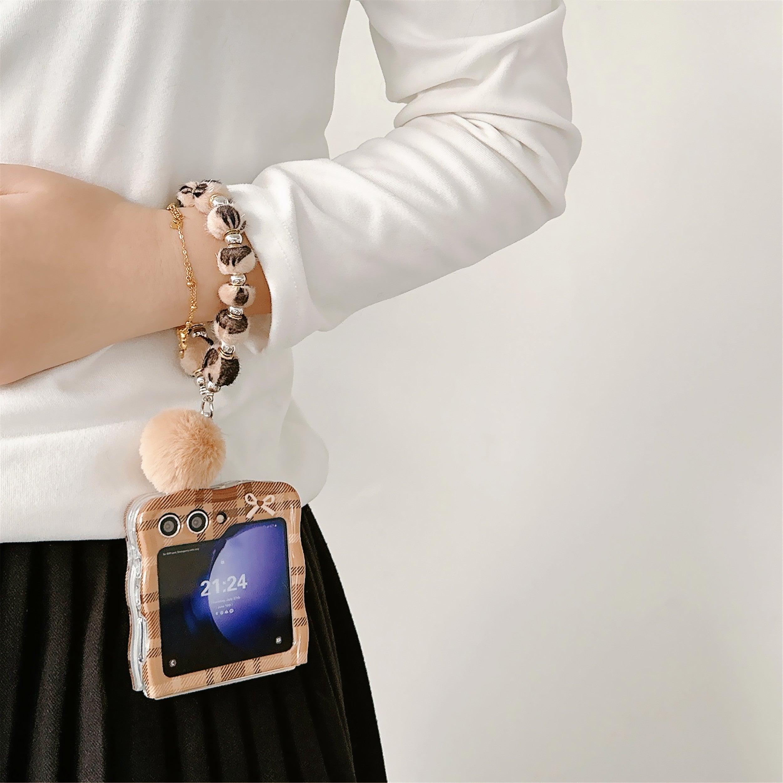 For Samsung Galaxy Z Flip5 5G Case IMD Plaid Bowknot Pattern TPU Cover with Plush Hand Strap