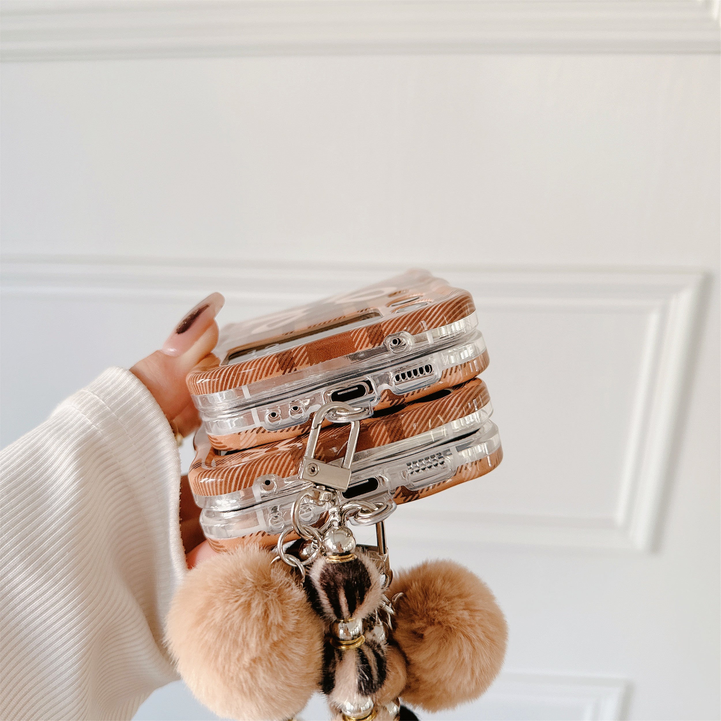 For Samsung Galaxy Z Flip5 5G Case IMD Plaid Bowknot Pattern TPU Cover with Plush Hand Strap