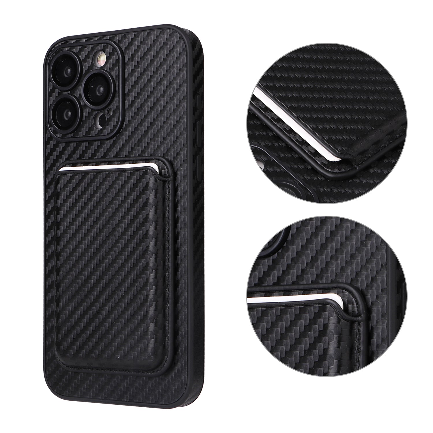 For iPhone 13 Pro Card Holder Case Carbon Fiber PU Covered Hybrid Phone Case Compatible with MagSafe