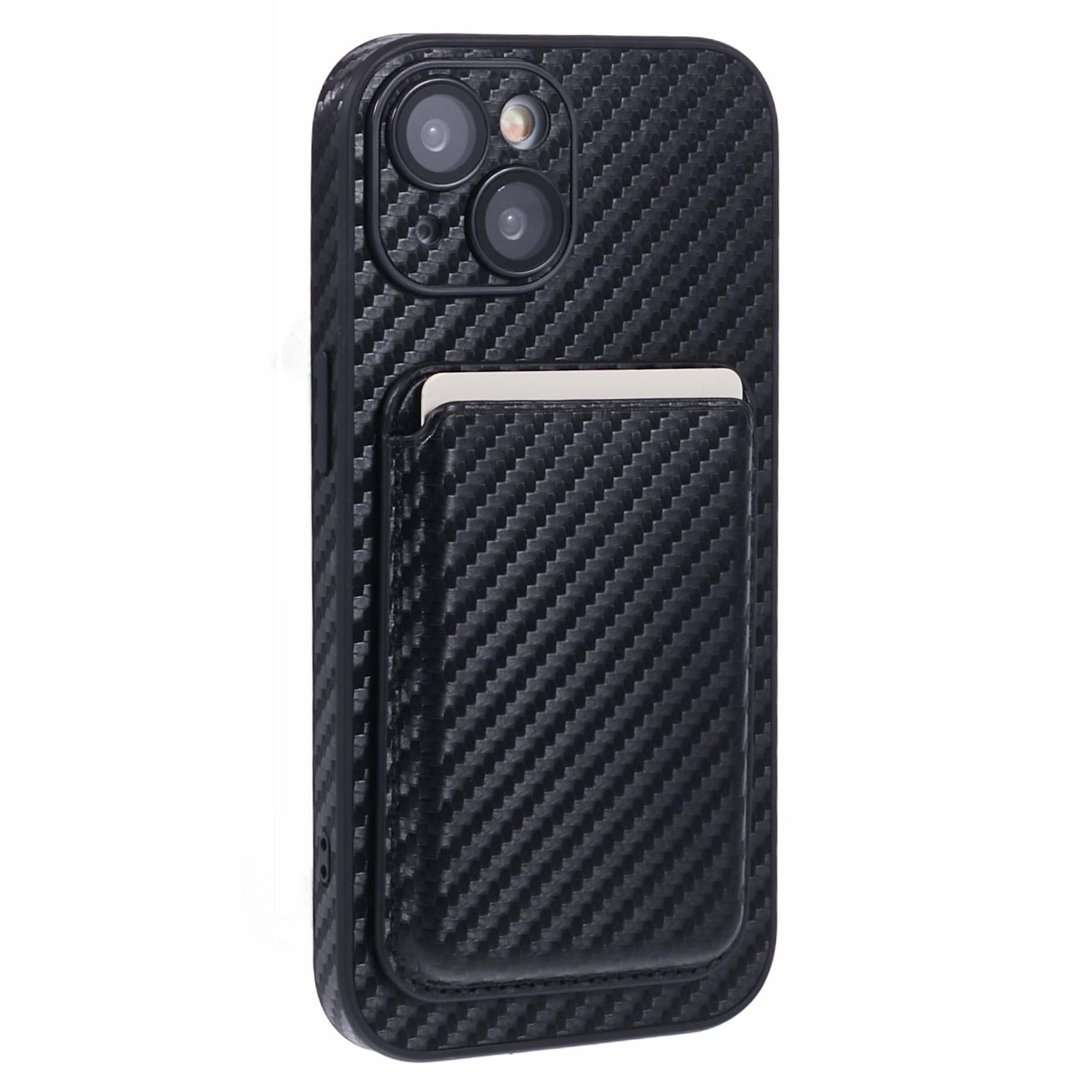 For iPhone 13 Magnetic Case PU Leather Carbon Fiber Phone Back Cover with Card Holder