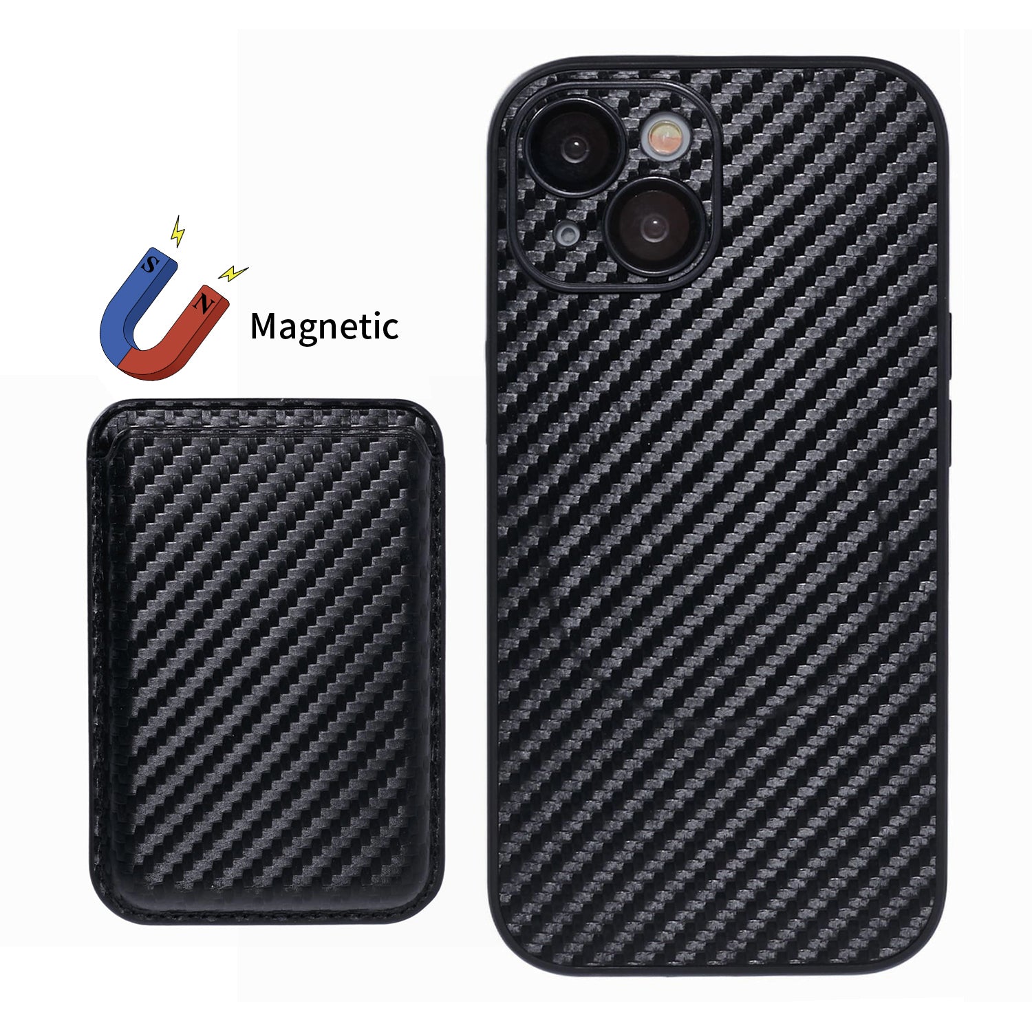 For iPhone 13 Magnetic Case PU Leather Carbon Fiber Phone Back Cover with Card Holder