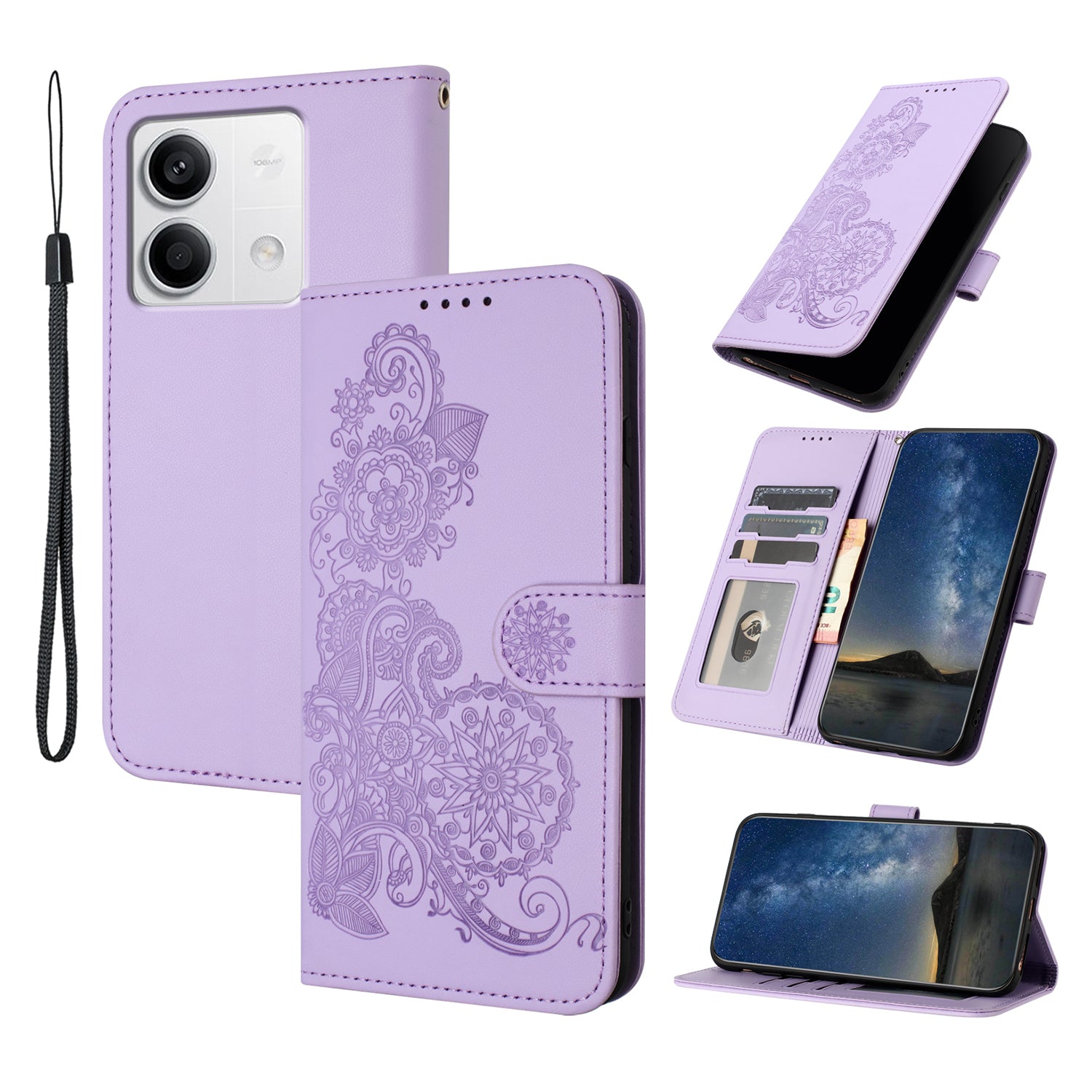 YX0050 For Xiaomi Redmi Note 13 4G Wallet Case Flower Pattern Imprinted Leather Phone Cover
