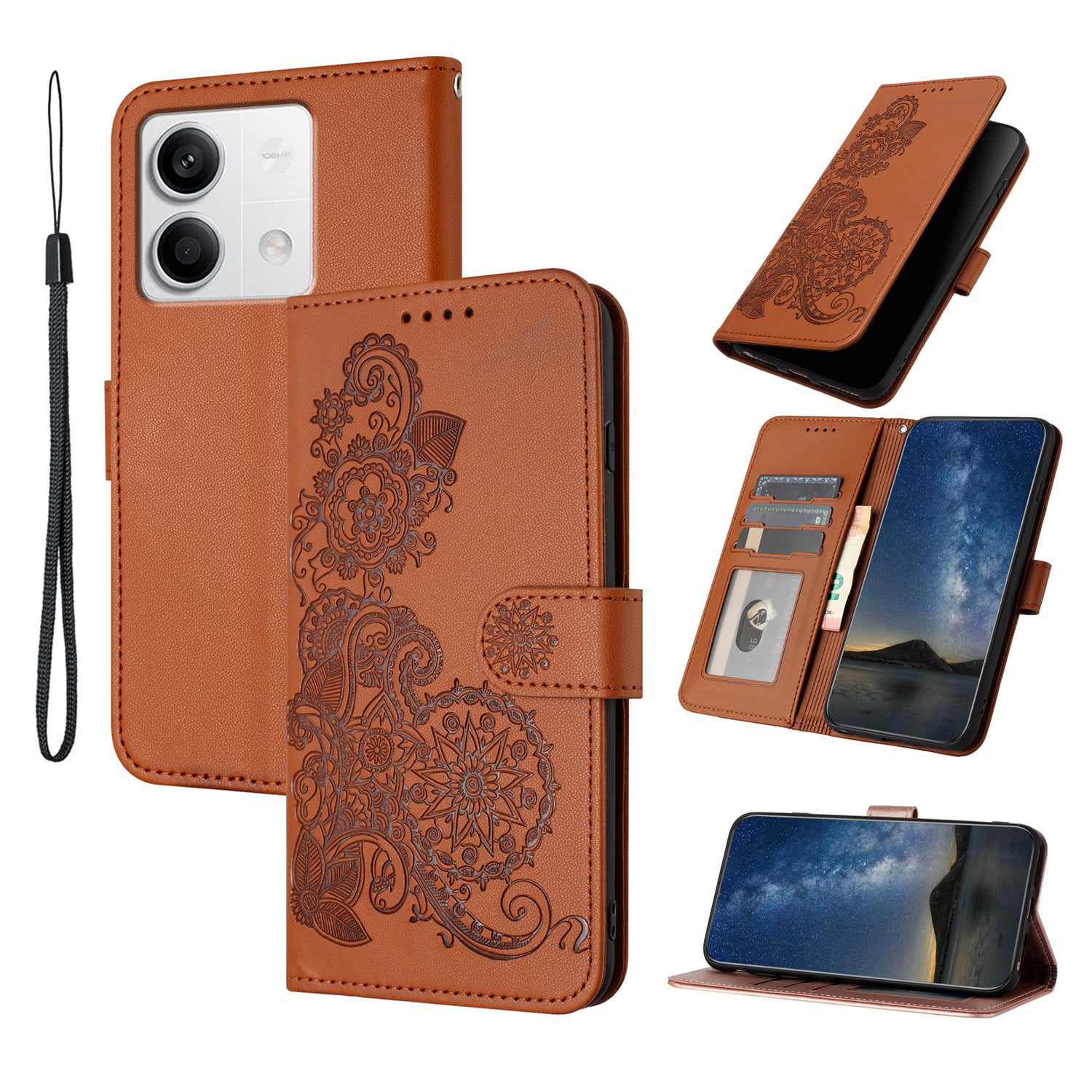 YX0050 For Xiaomi Redmi Note 13 4G Wallet Case Flower Pattern Imprinted Leather Phone Cover