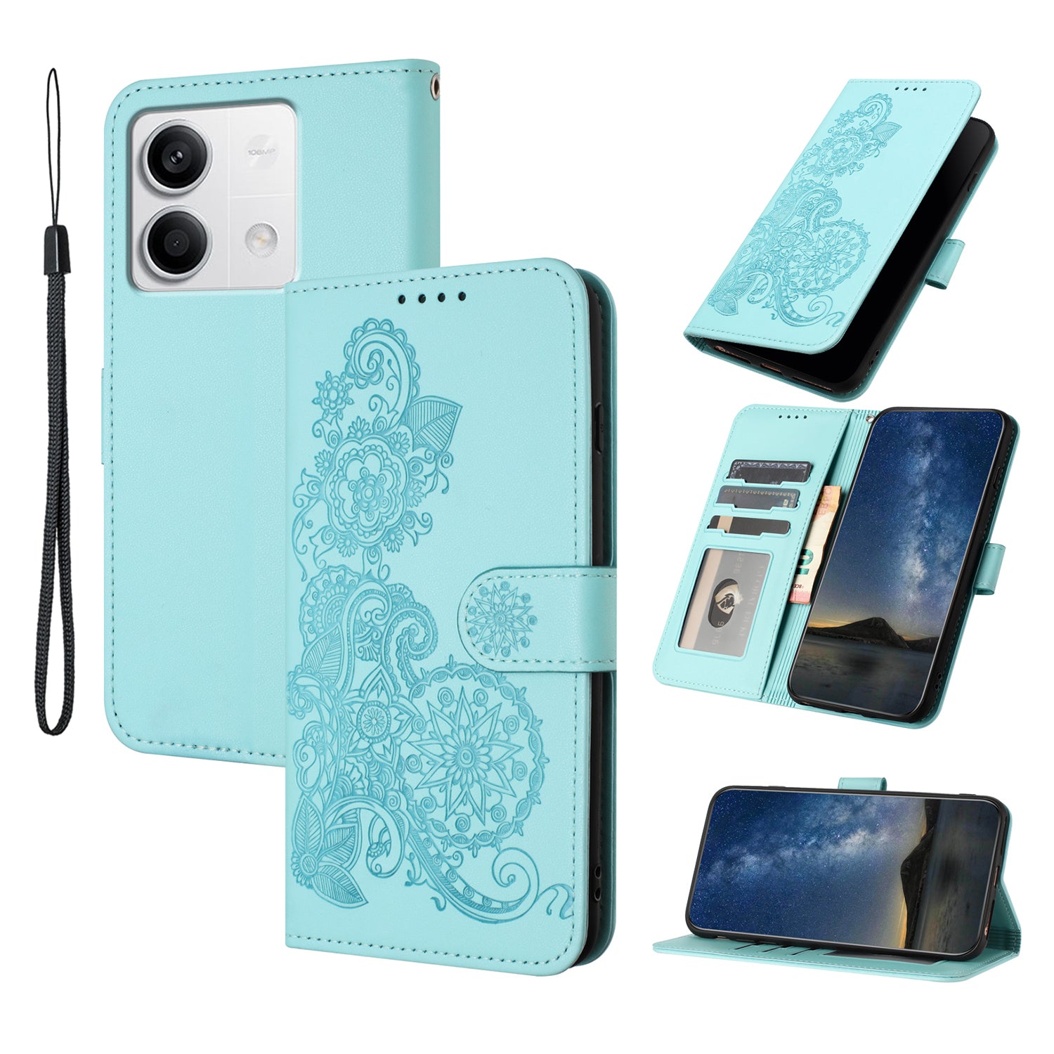 YX0050 For Xiaomi Redmi Note 13 4G Wallet Case Flower Pattern Imprinted Leather Phone Cover