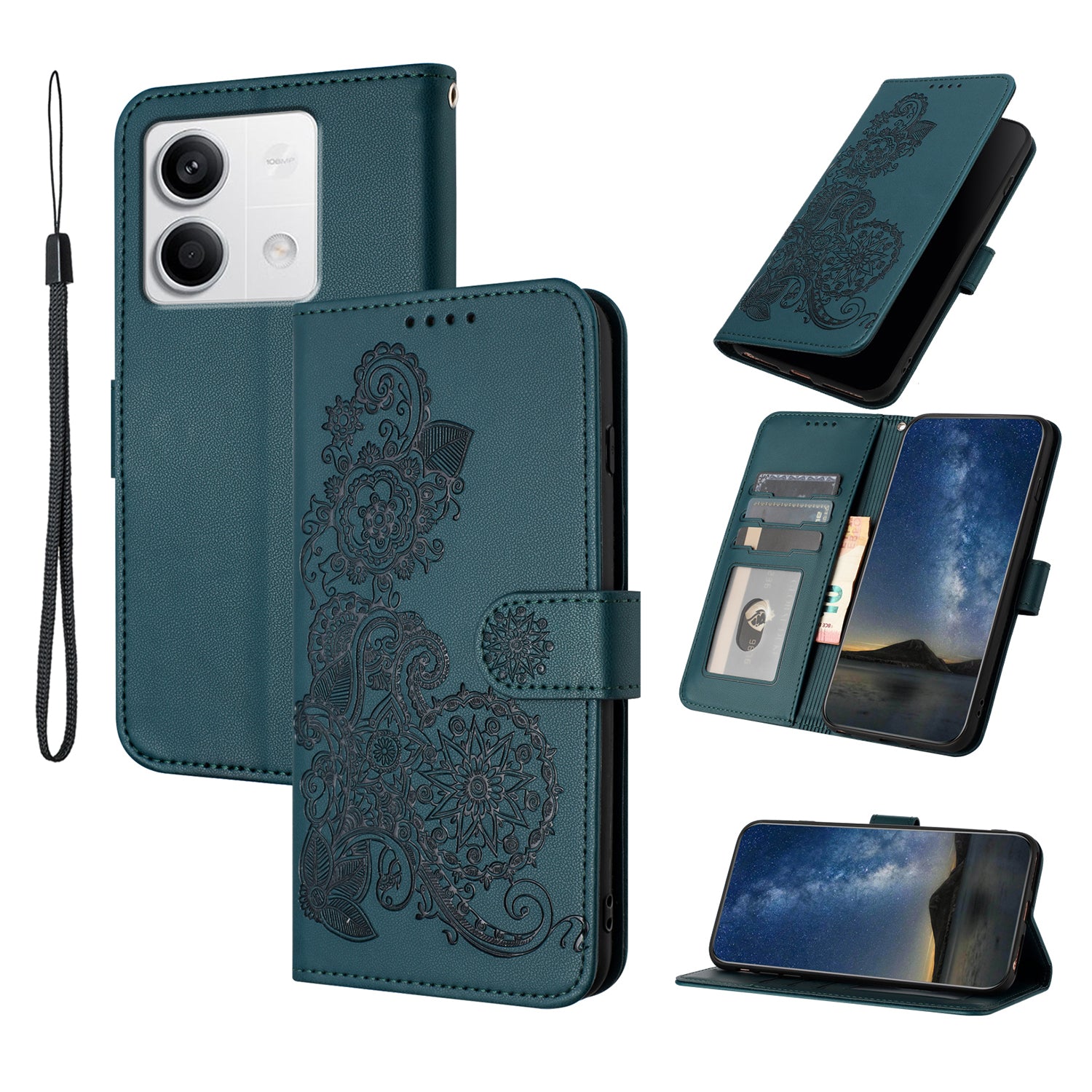 YX0050 For Xiaomi Redmi Note 13 4G Wallet Case Flower Pattern Imprinted Leather Phone Cover