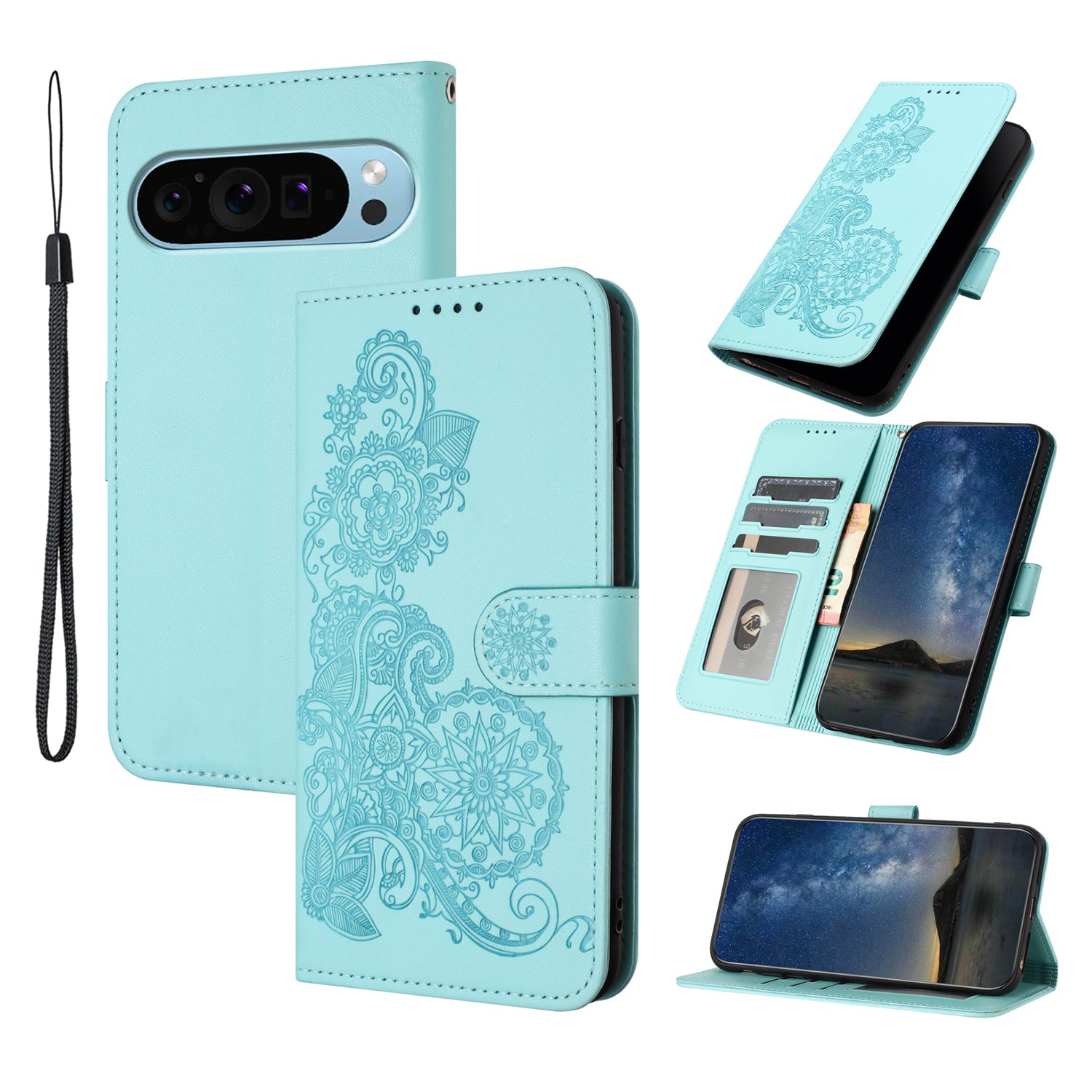 YX0050 For Google Pixel 9 Pro Wallet Phone Case Flower Pattern Imprinted Leather Flip Cover