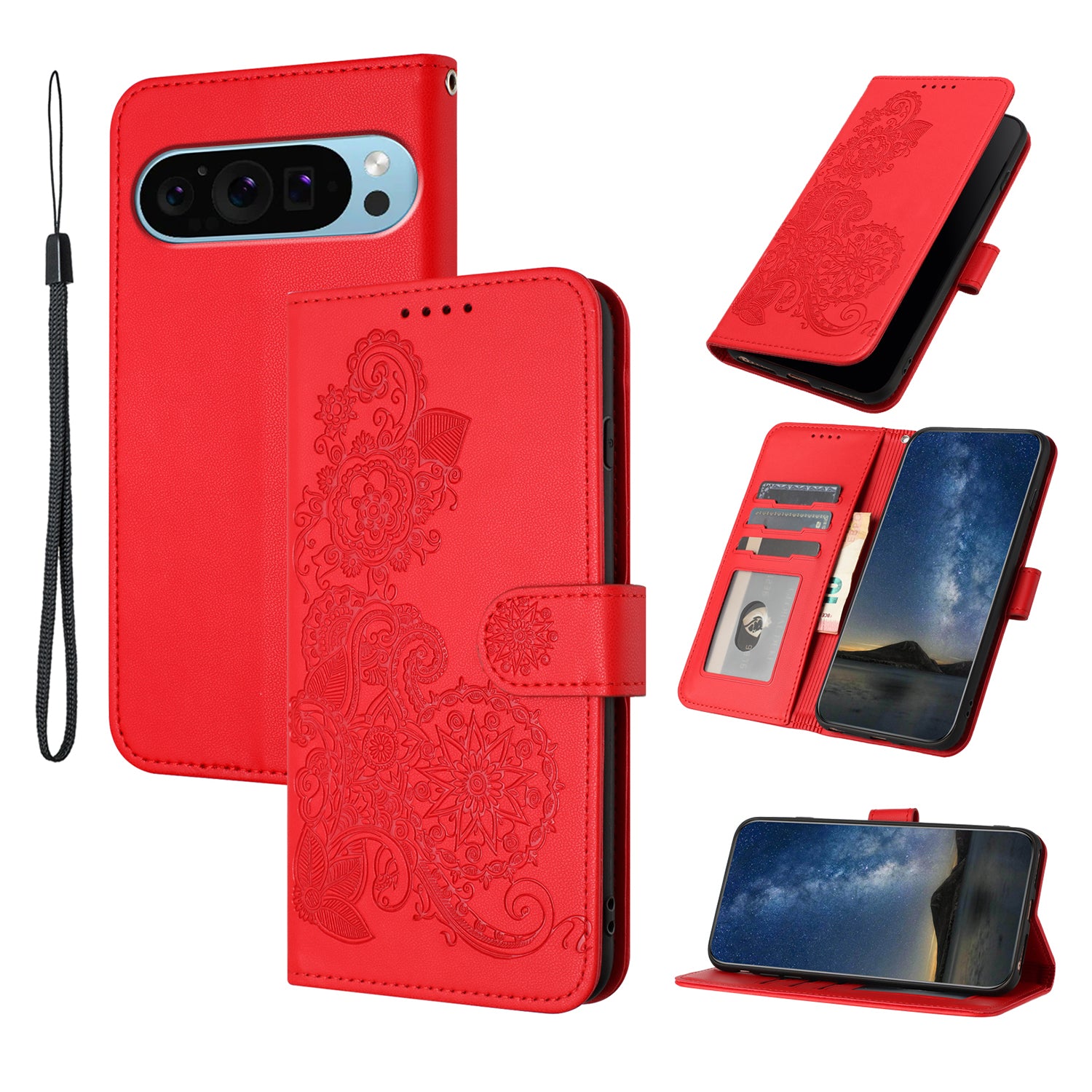 YX0050 For Google Pixel 9 Pro Wallet Phone Case Flower Pattern Imprinted Leather Flip Cover