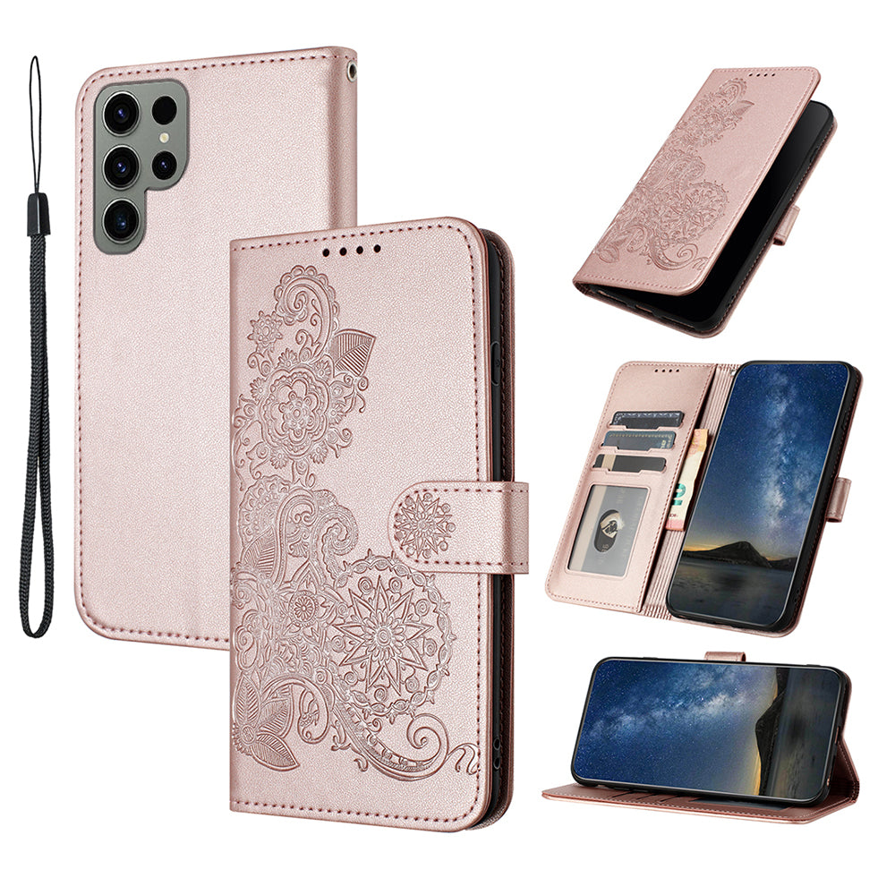 YX0050 For Samsung Galaxy S24 Ultra Phone Case Flower Pattern Imprinted Leather Cover