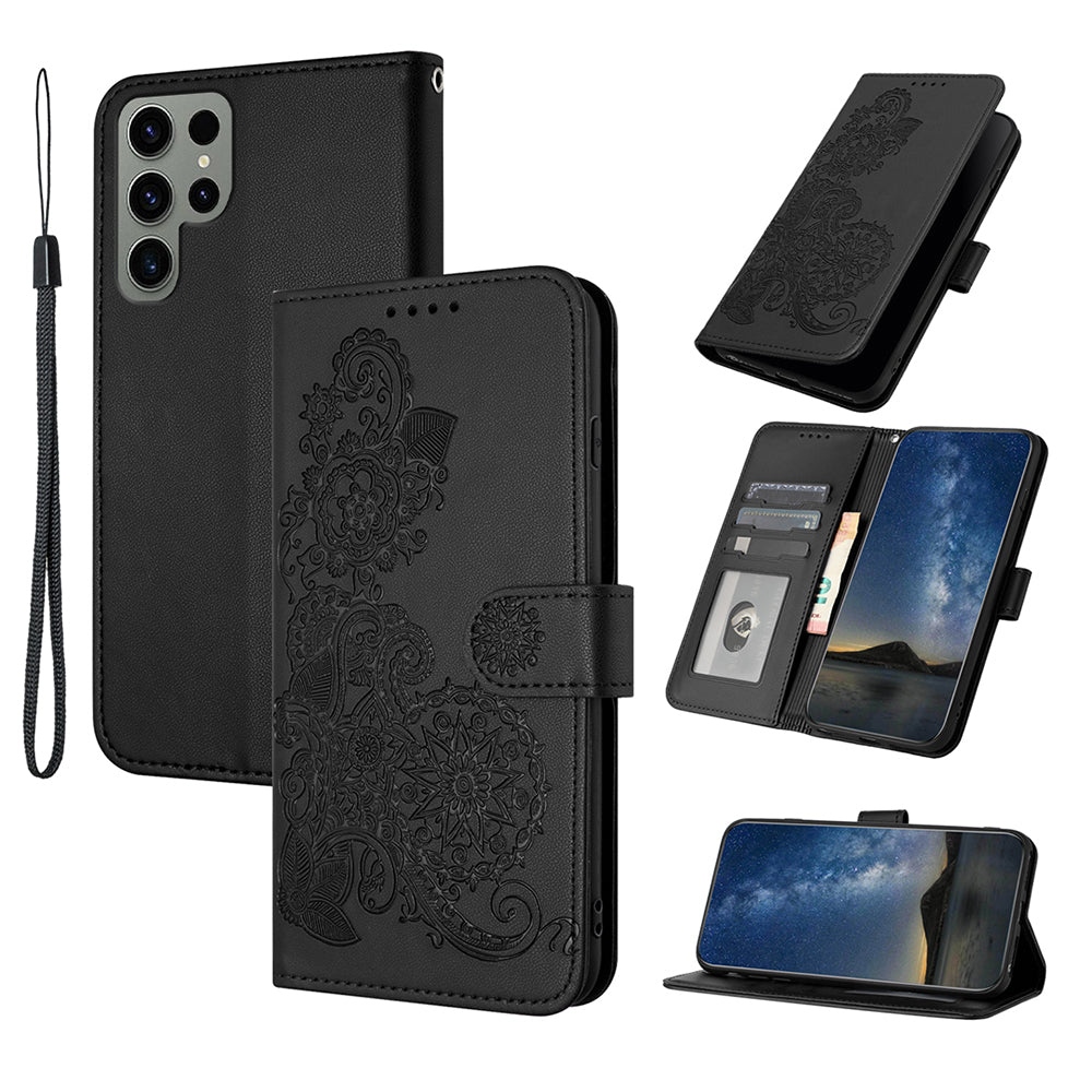 YX0050 For Samsung Galaxy S24 Ultra Phone Case Flower Pattern Imprinted Leather Cover