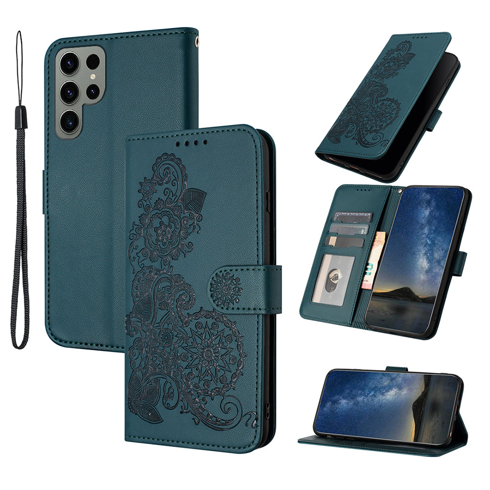 YX0050 For Samsung Galaxy S24 Ultra Phone Case Flower Pattern Imprinted Leather Cover