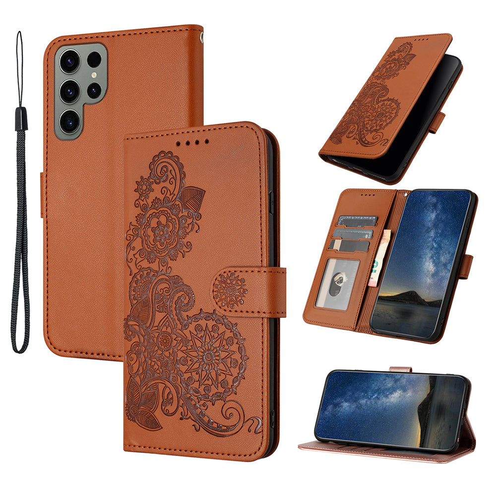 YX0050 For Samsung Galaxy S24 Ultra Phone Case Flower Pattern Imprinted Leather Cover