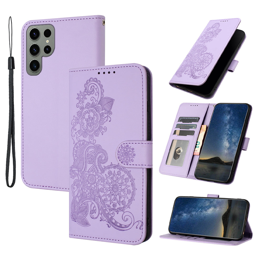 YX0050 For Samsung Galaxy S24 Ultra Phone Case Flower Pattern Imprinted Leather Cover