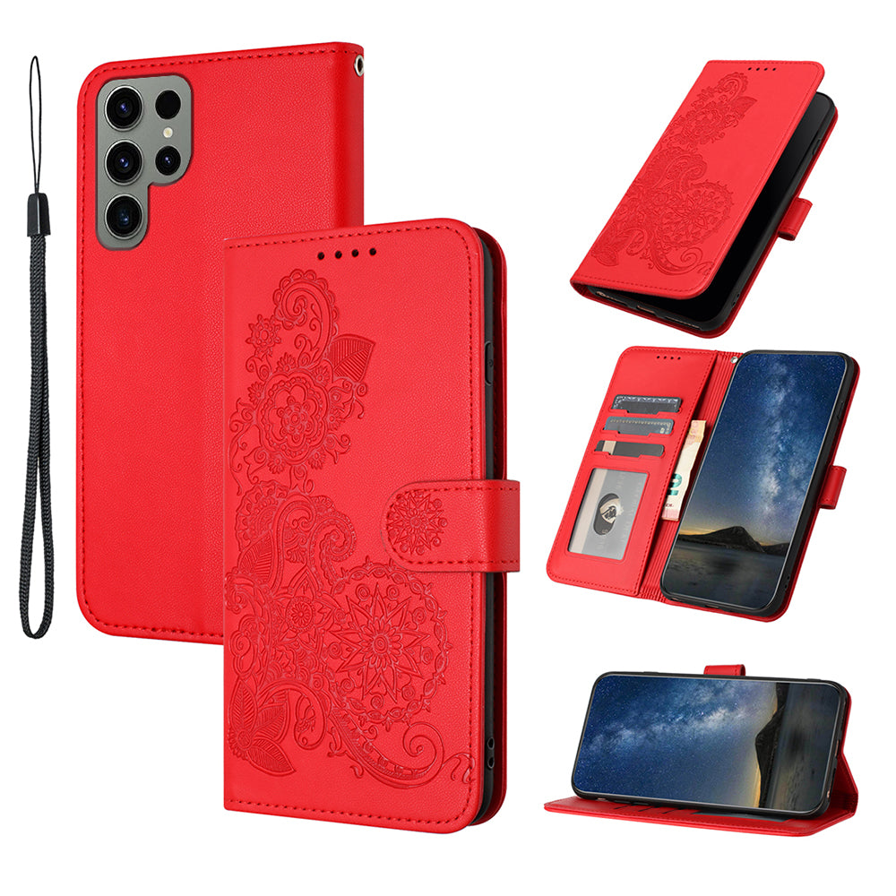 YX0050 For Samsung Galaxy S24 Ultra Phone Case Flower Pattern Imprinted Leather Cover