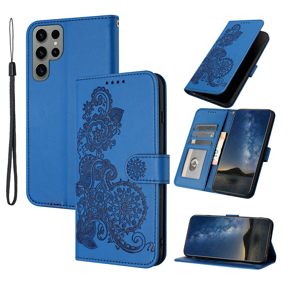 YX0050 For Samsung Galaxy S24 Ultra Phone Case Flower Pattern Imprinted Leather Cover