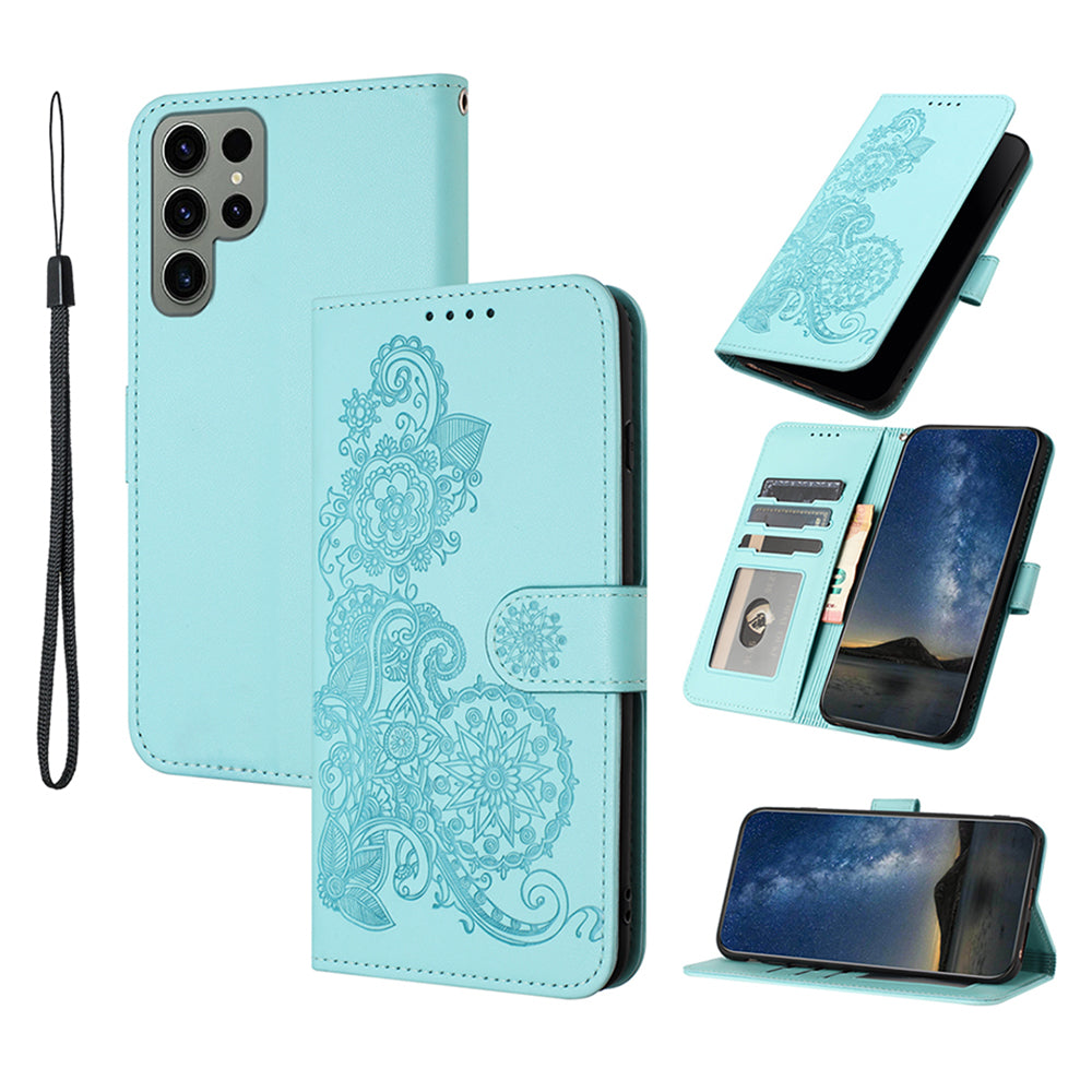 YX0050 For Samsung Galaxy S24 Ultra Phone Case Flower Pattern Imprinted Leather Cover