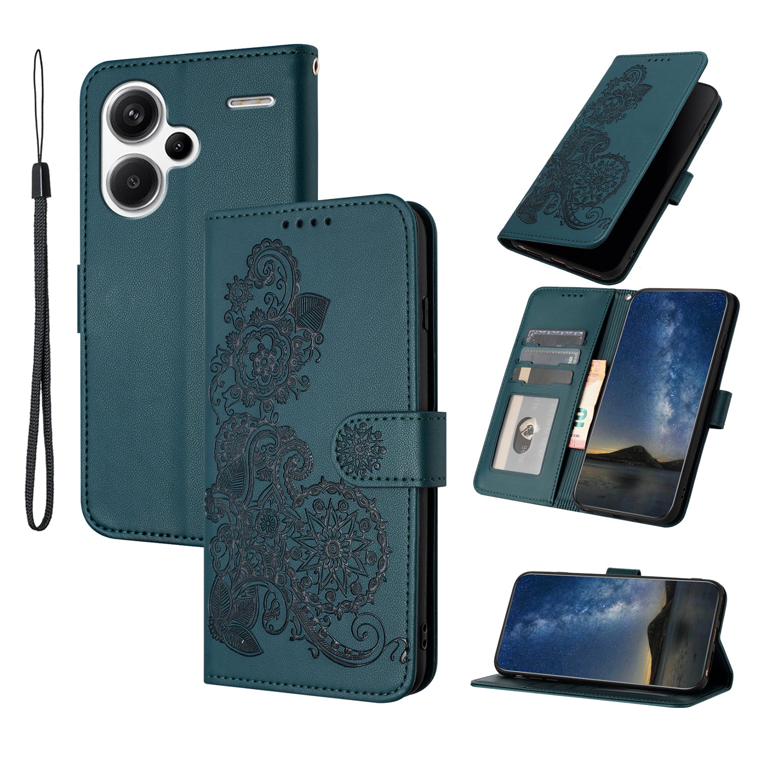 YX0050 For Xiaomi Redmi Note 13 Pro+ 5G Wallet Phone Case Flower Pattern Imprinted Leather Flip Cover