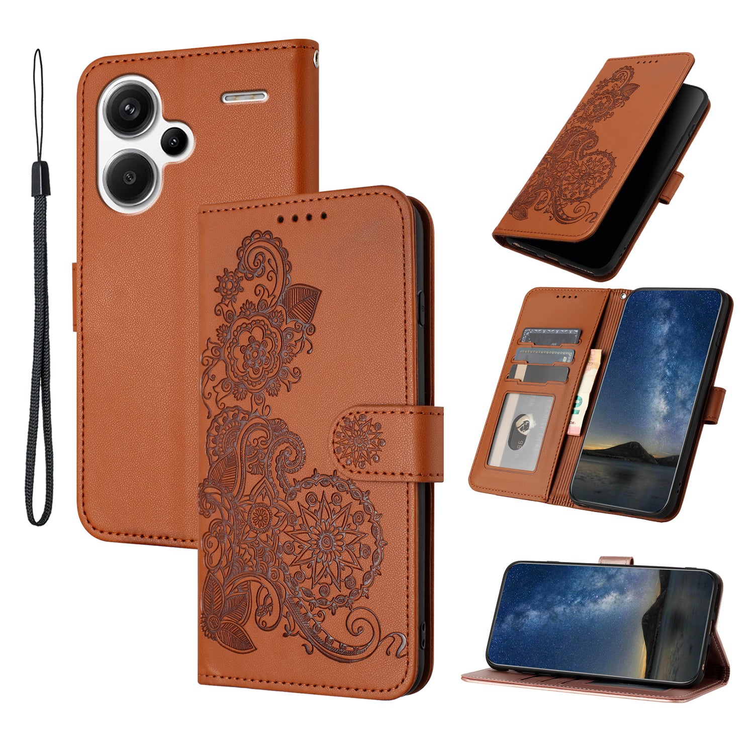 YX0050 For Xiaomi Redmi Note 13 Pro+ 5G Wallet Phone Case Flower Pattern Imprinted Leather Flip Cover