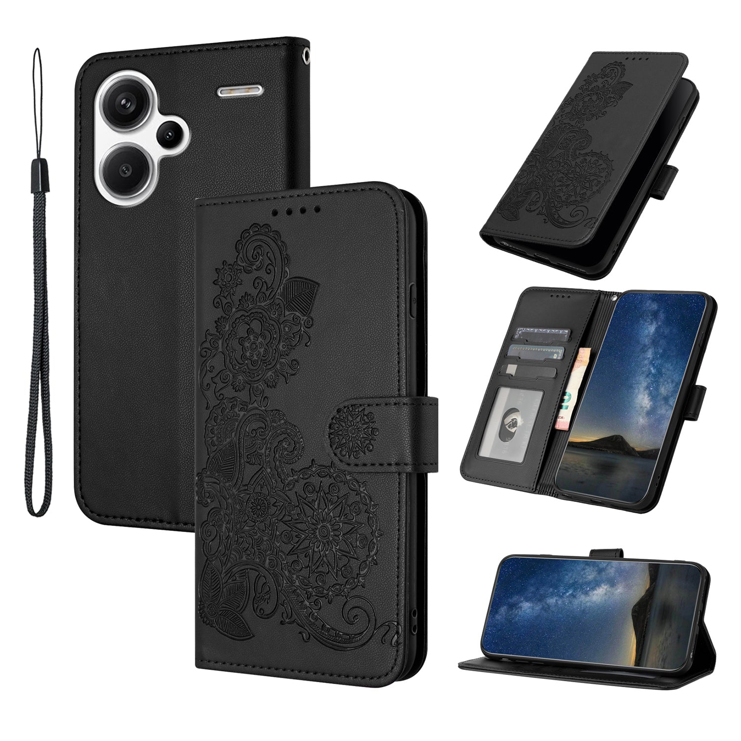 YX0050 For Xiaomi Redmi Note 13 Pro+ 5G Wallet Phone Case Flower Pattern Imprinted Leather Flip Cover