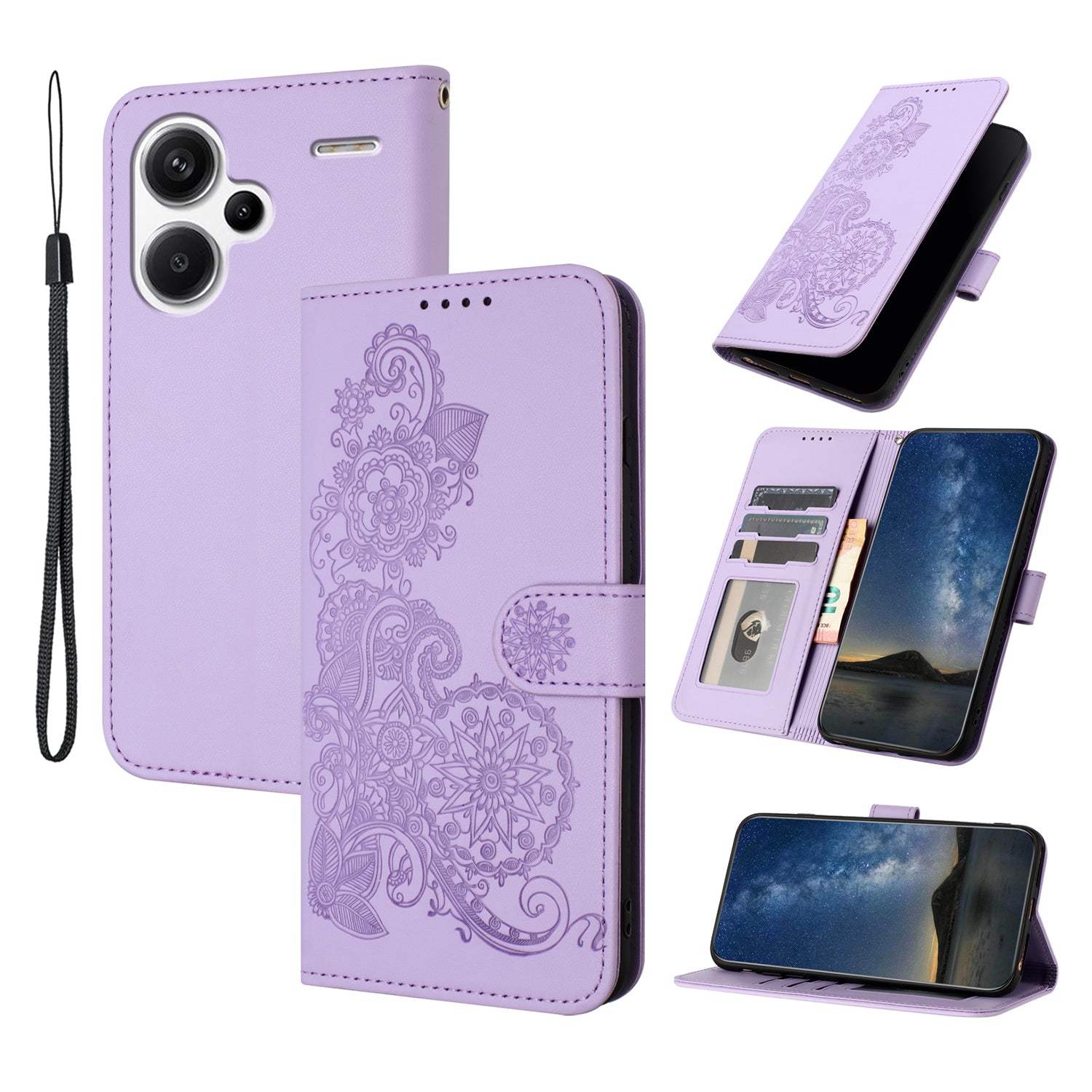 YX0050 For Xiaomi Redmi Note 13 Pro+ 5G Wallet Phone Case Flower Pattern Imprinted Leather Flip Cover