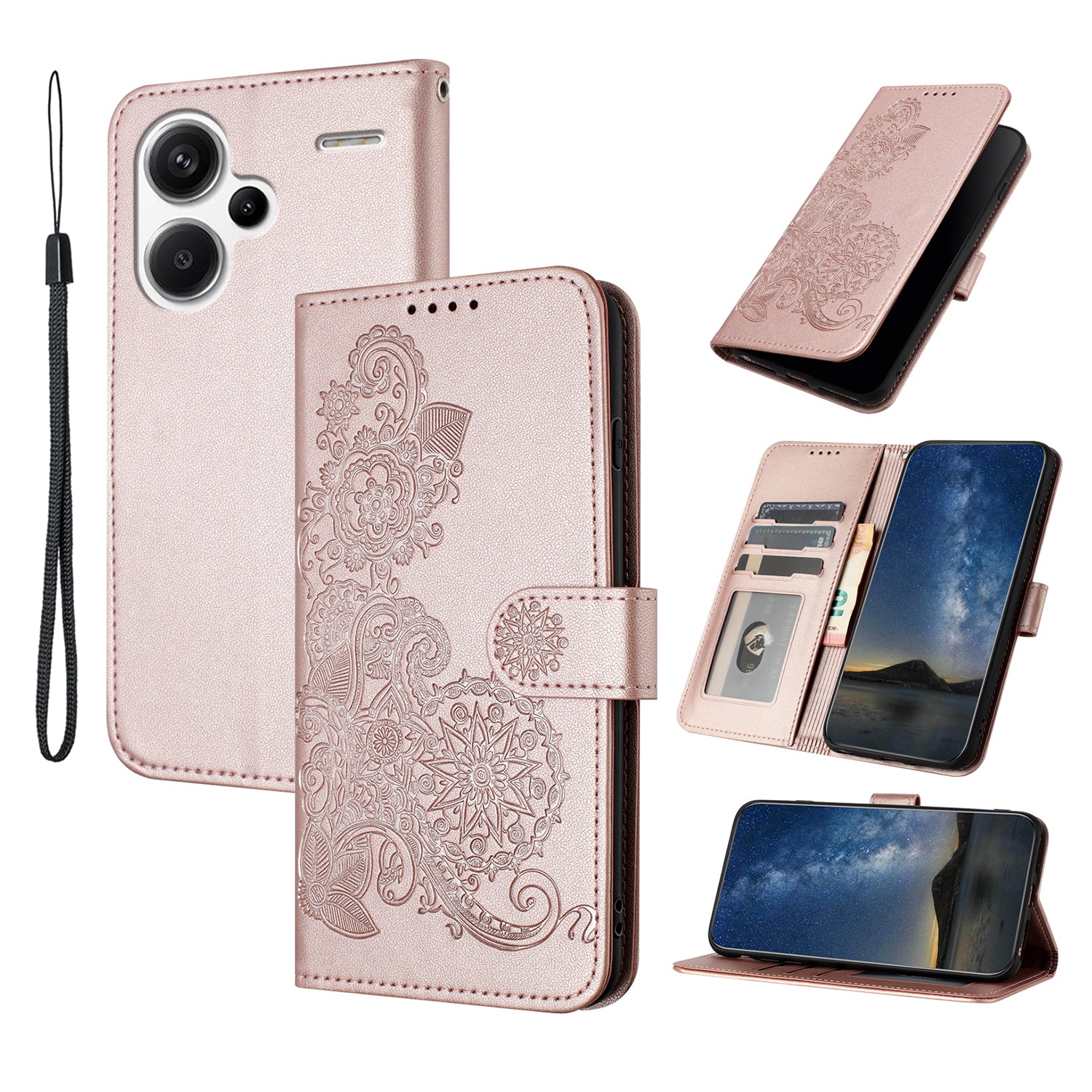 YX0050 For Xiaomi Redmi Note 13 Pro+ 5G Wallet Phone Case Flower Pattern Imprinted Leather Flip Cover