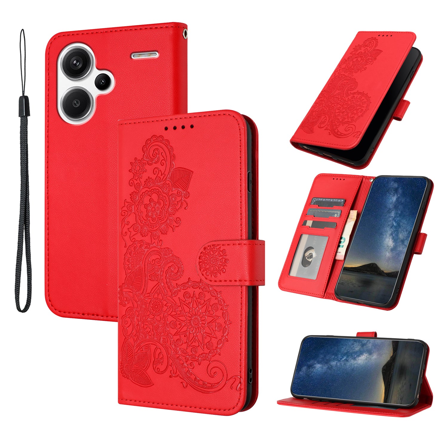 YX0050 For Xiaomi Redmi Note 13 Pro+ 5G Wallet Phone Case Flower Pattern Imprinted Leather Flip Cover