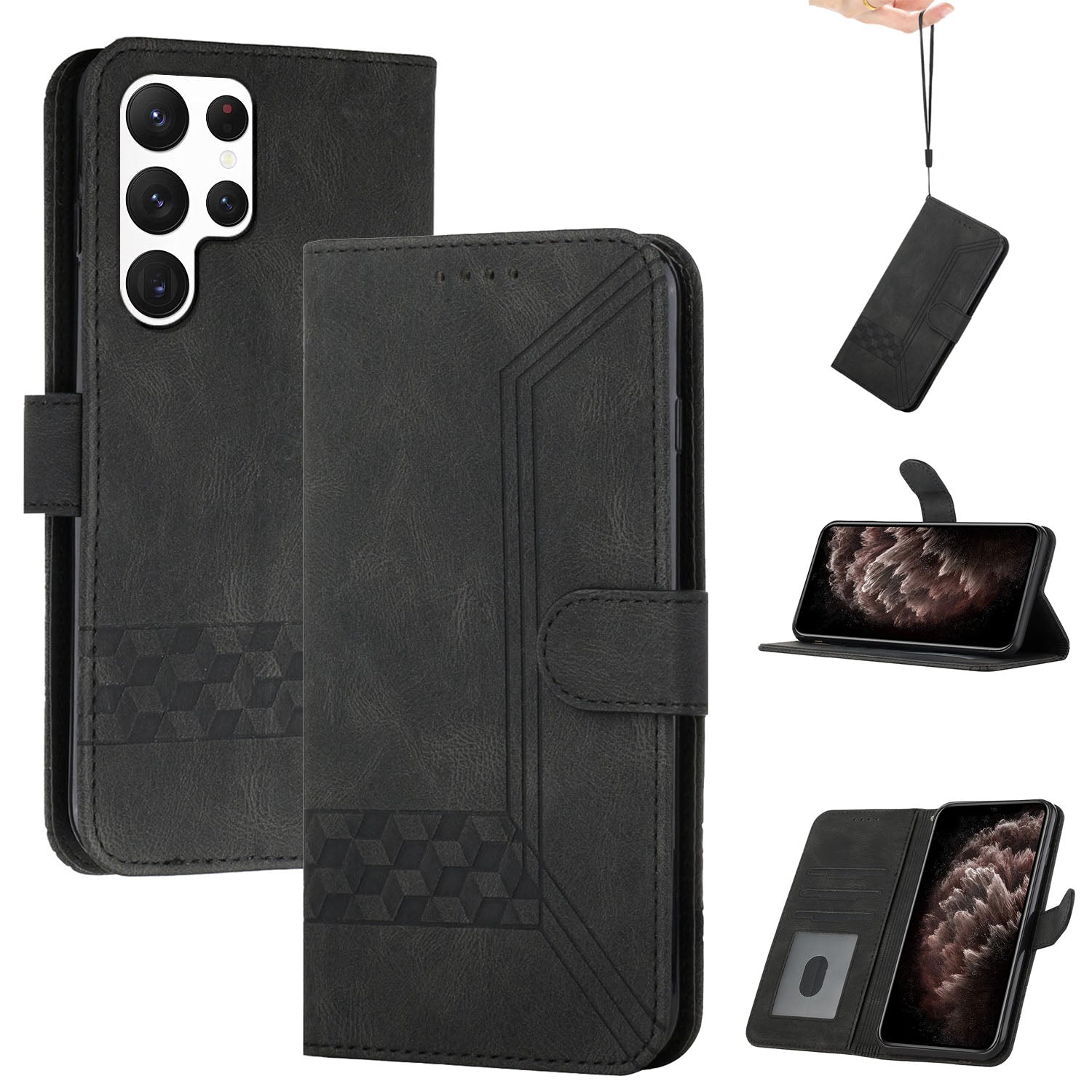 YX0010 Series for Samsung Galaxy S24 Ultra Case PU Leather Stand Phone Cover with Wrist Strap