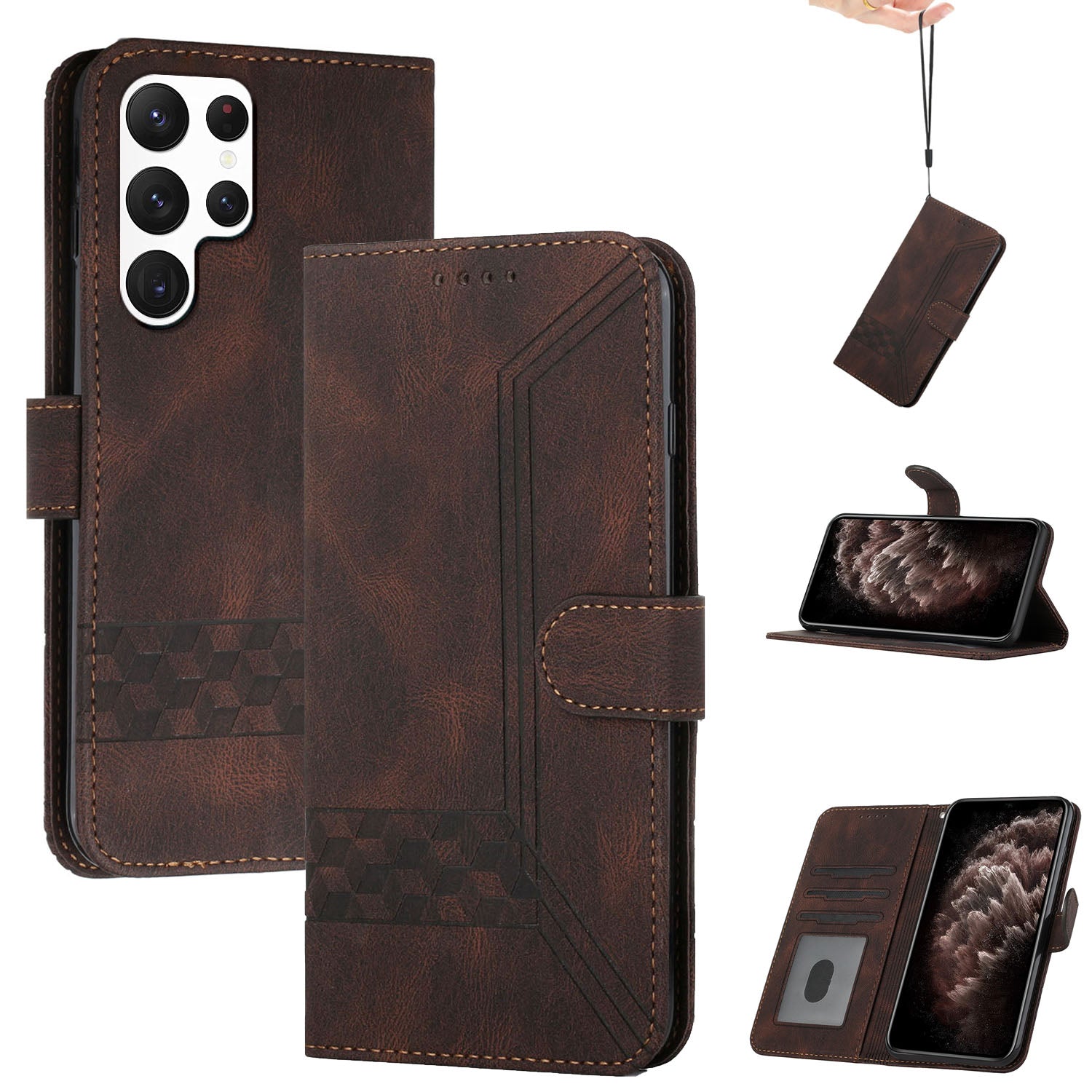YX0010 Series for Samsung Galaxy S24 Ultra Case PU Leather Stand Phone Cover with Wrist Strap