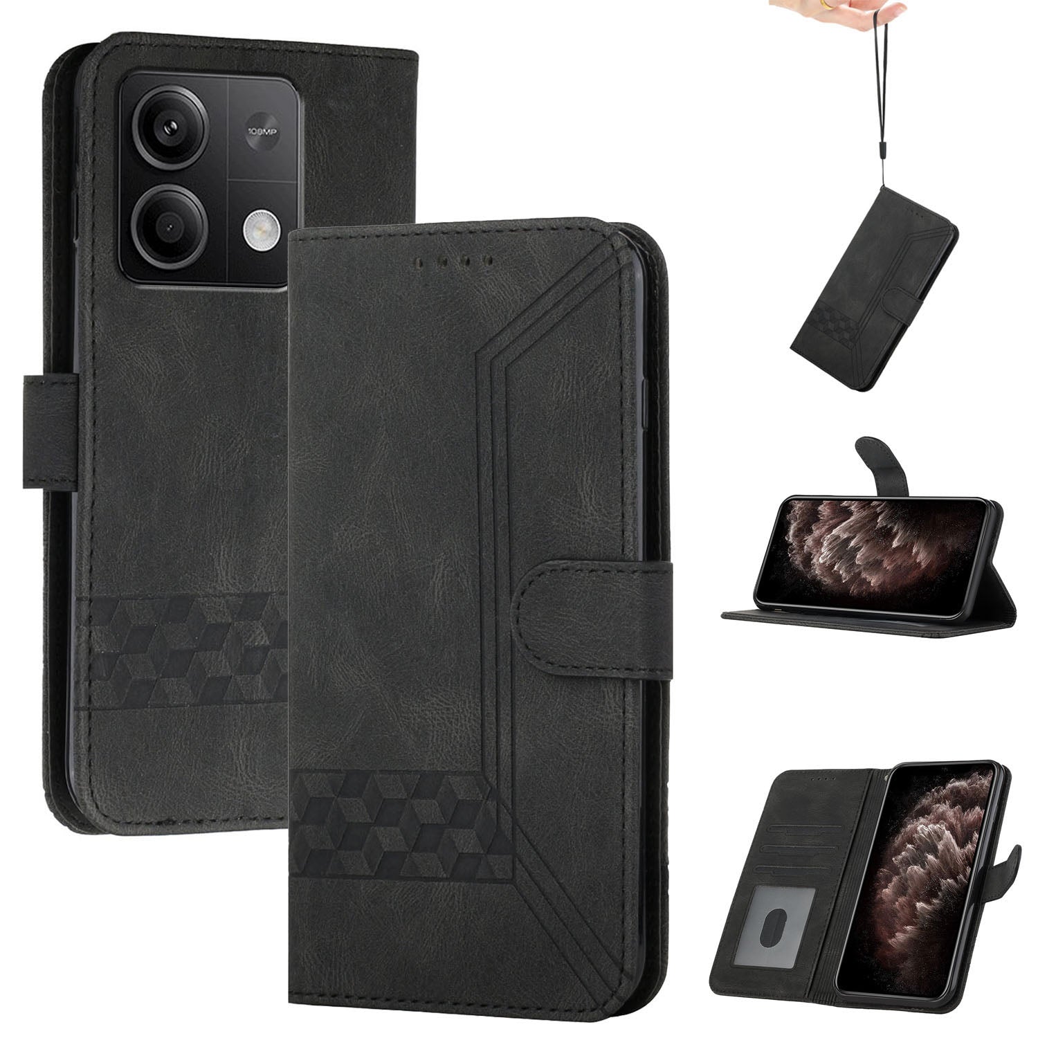 YX0010 Series for Xiaomi Redmi Note 13 5G Case Imprinted Leather Card Slots Phone Cover with Hand Strap