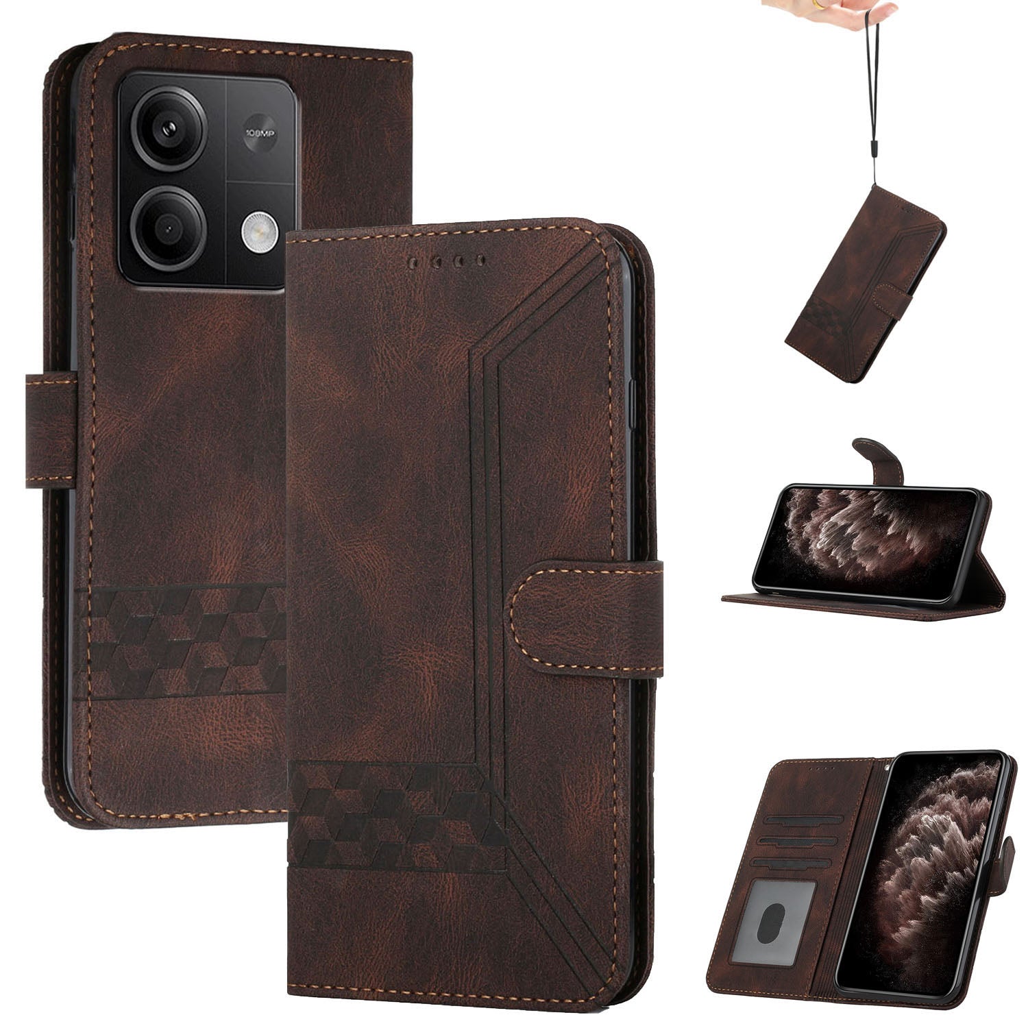 YX0010 Series for Xiaomi Redmi Note 13 5G Case Imprinted Leather Card Slots Phone Cover with Hand Strap