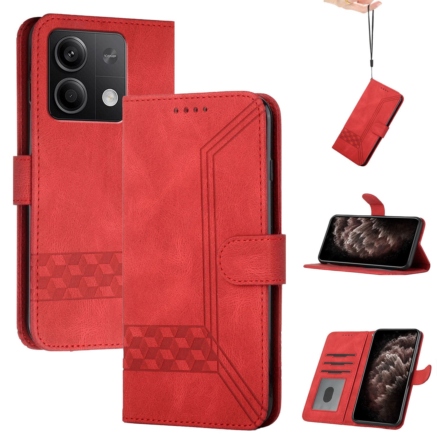 YX0010 Series for Xiaomi Redmi Note 13 5G Case Imprinted Leather Card Slots Phone Cover with Hand Strap