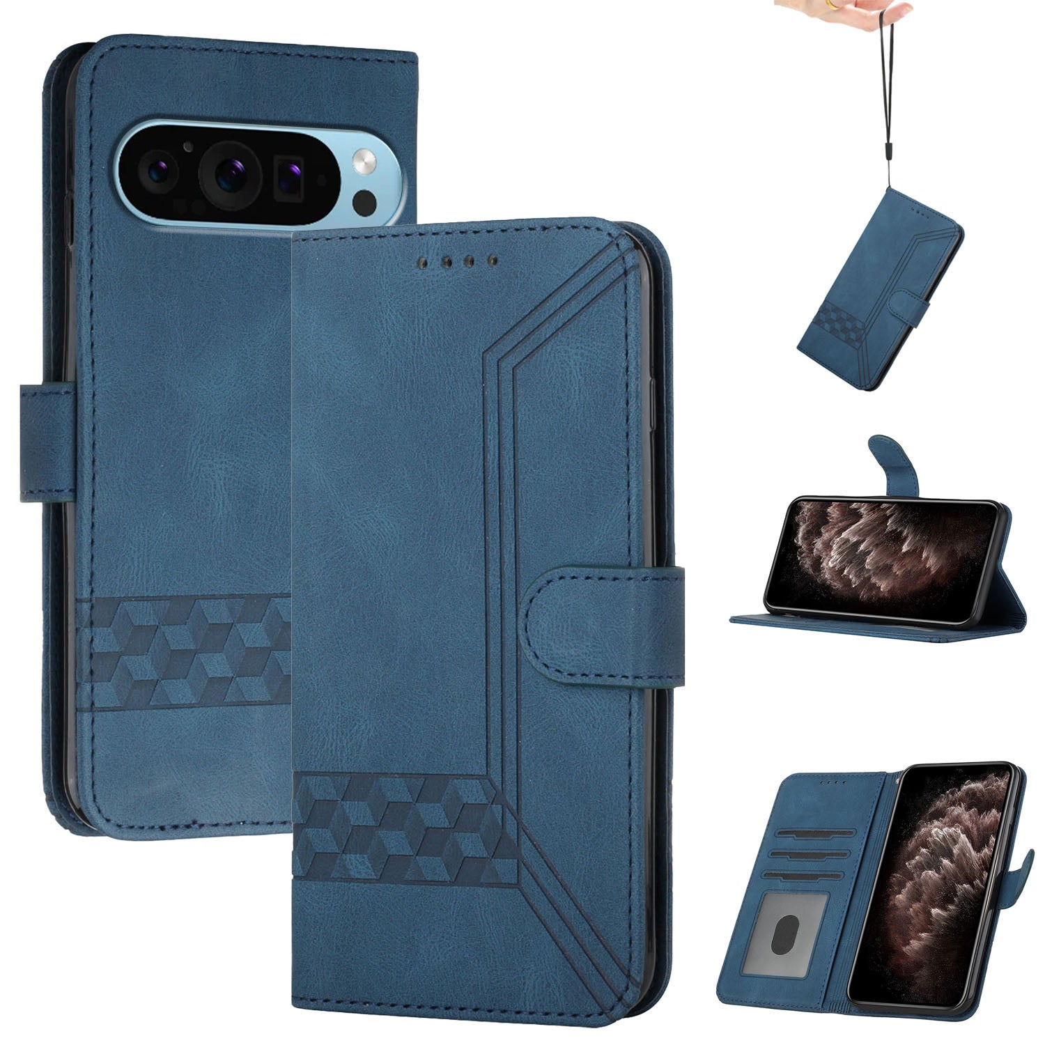 YX0010 Series for Google Pixel 9 Pro Phone Cover Imprinted Wallet Bump Proof Case with Wrist Strap