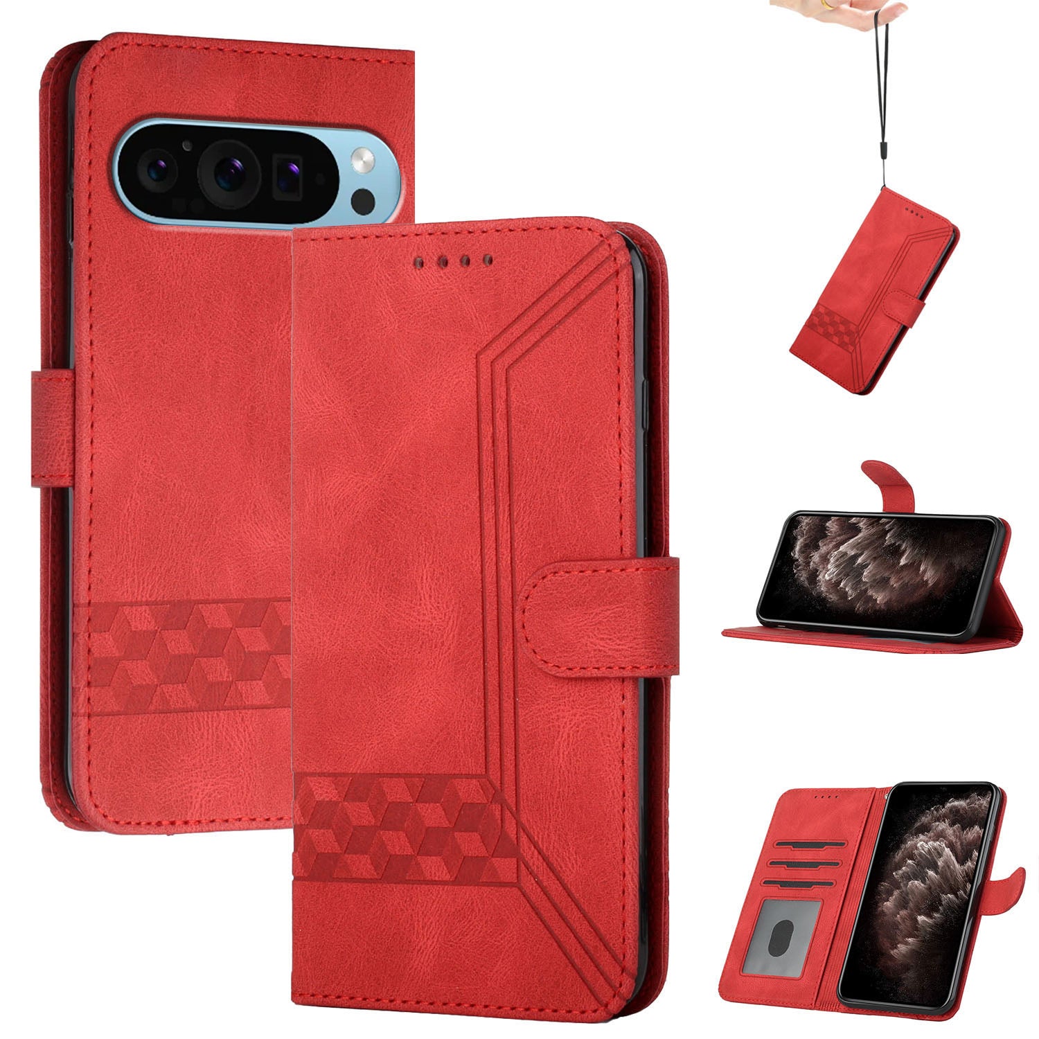 YX0010 Series for Google Pixel 9 Pro Phone Cover Imprinted Wallet Bump Proof Case with Wrist Strap