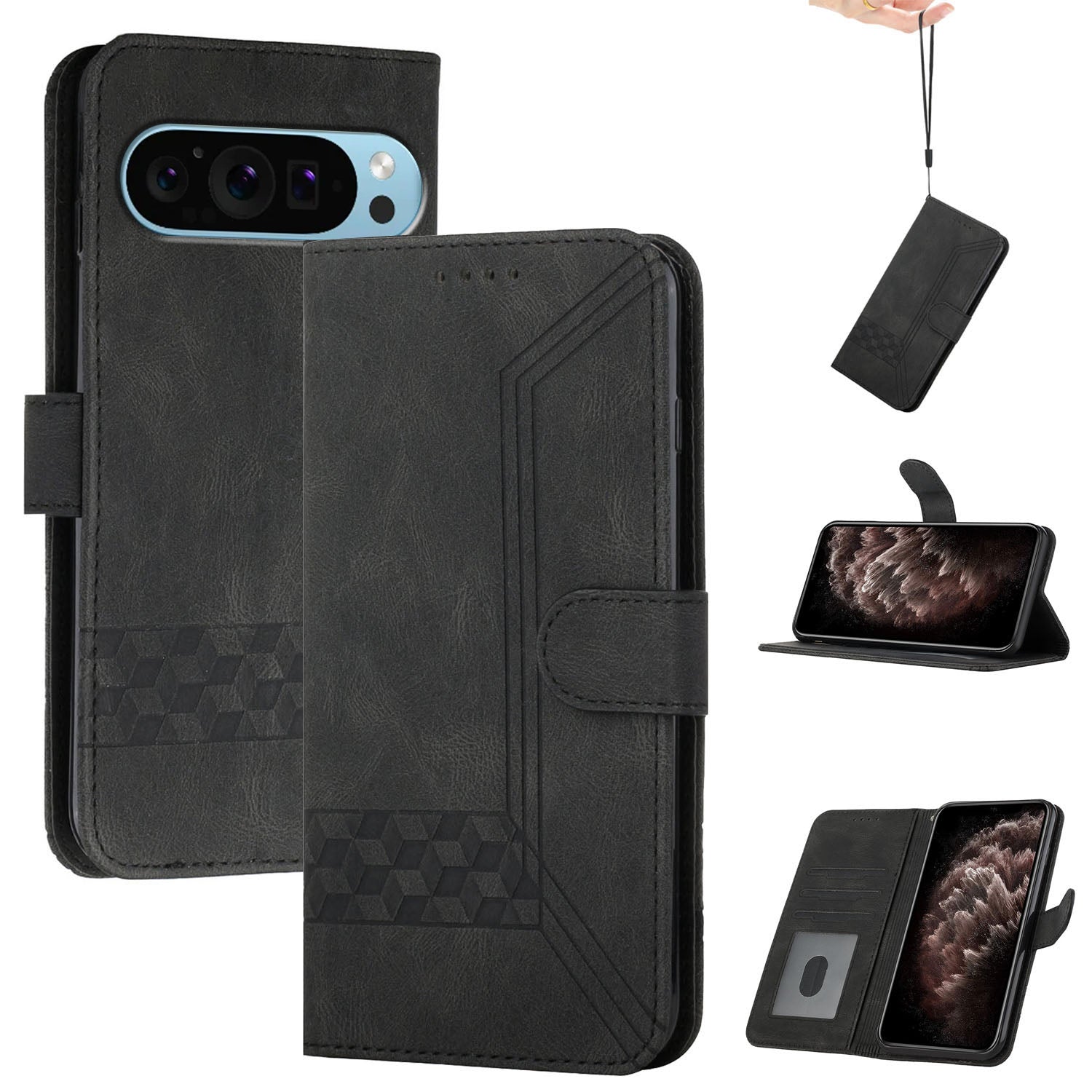 YX0010 Series for Google Pixel 9 Pro Phone Cover Imprinted Wallet Bump Proof Case with Wrist Strap