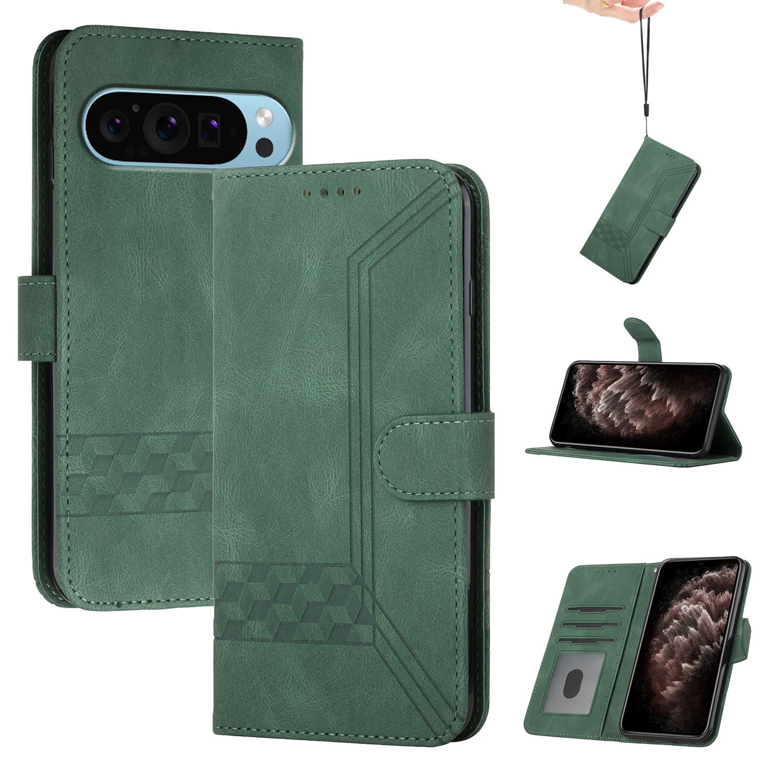 YX0010 Series for Google Pixel 9 Pro Phone Cover Imprinted Wallet Bump Proof Case with Wrist Strap