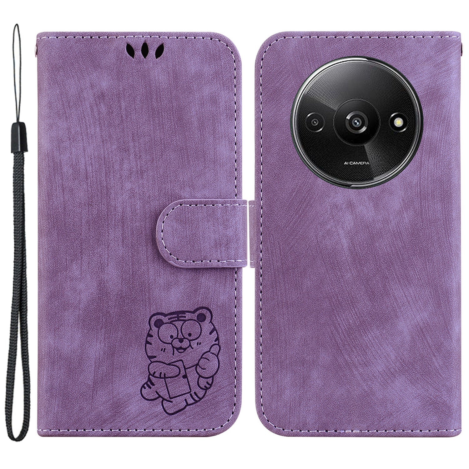 For Xiaomi Redmi A3 / Poco C61 4G Case Leather Protective Cover Tiger Imprint Phone Shell with Hand Strap