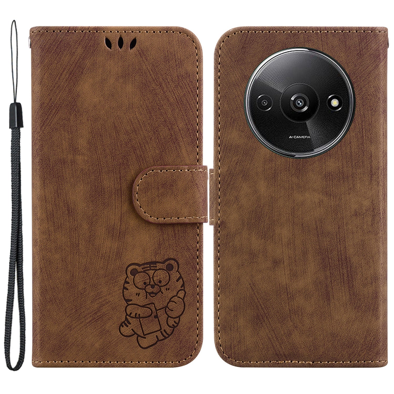For Xiaomi Redmi A3 / Poco C61 4G Case Leather Protective Cover Tiger Imprint Phone Shell with Hand Strap