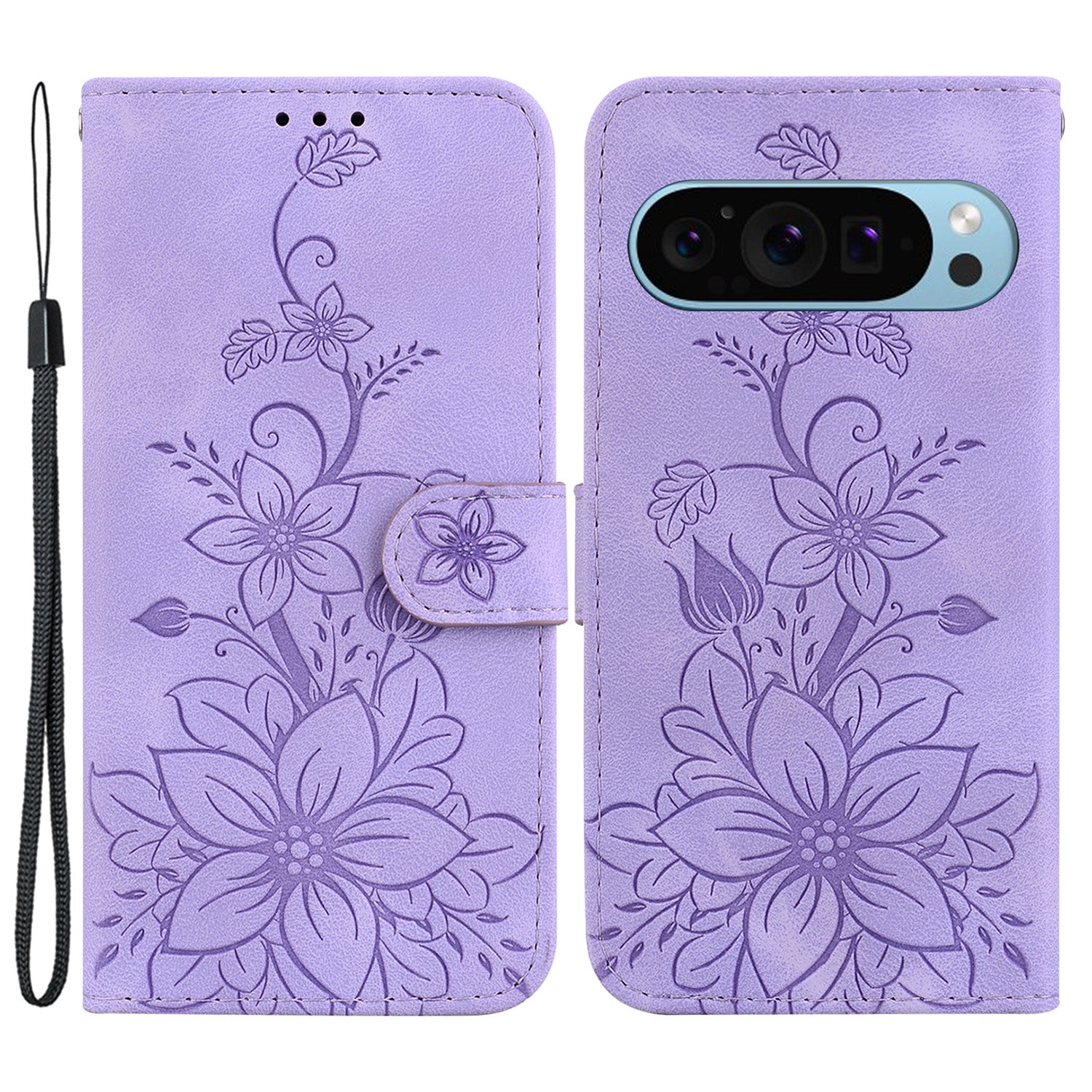 For Google Pixel 9 Pro Cell Phone Case Leather Wallet Lily Flower Imprint Anti-drop Cover