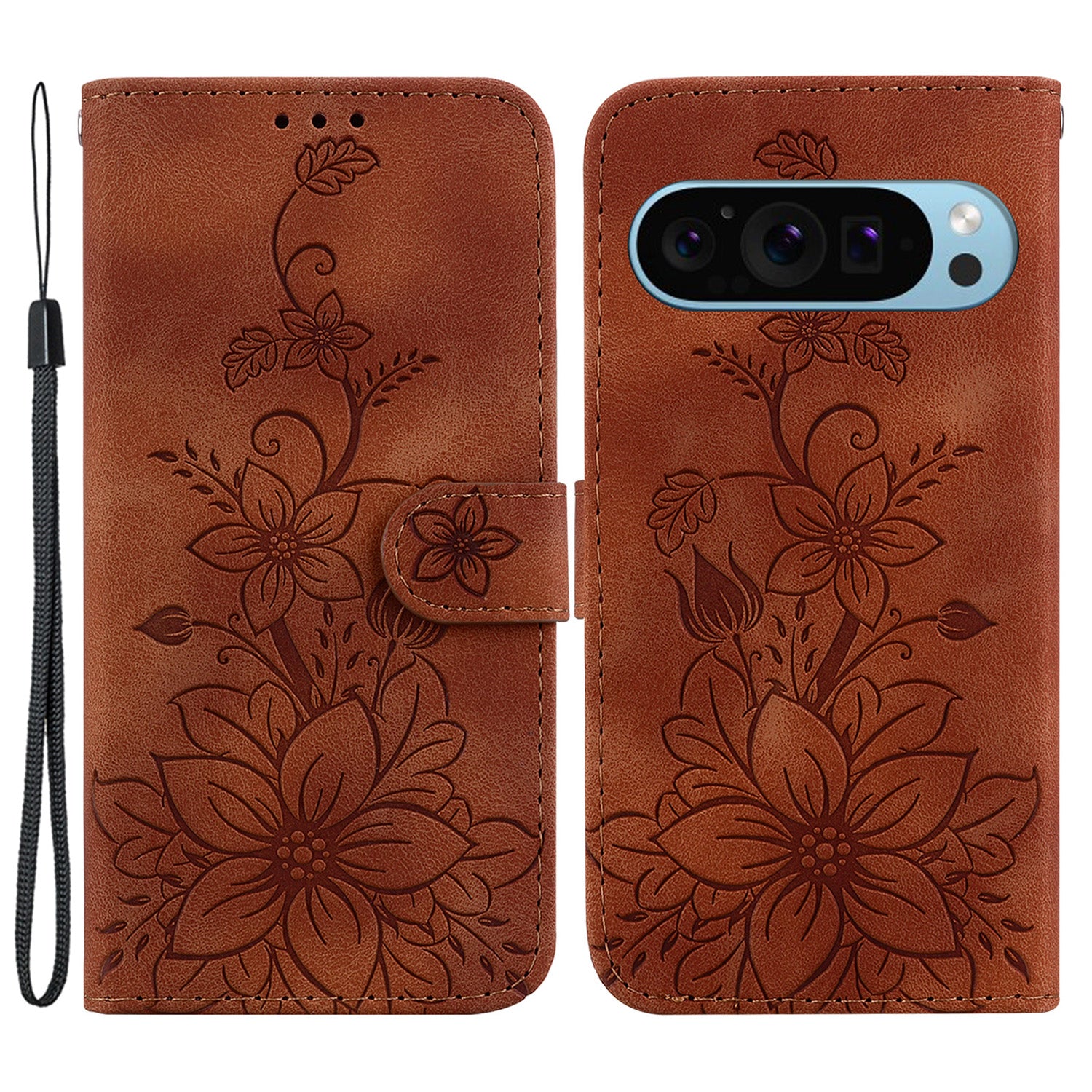 For Google Pixel 9 Pro Cell Phone Case Leather Wallet Lily Flower Imprint Anti-drop Cover