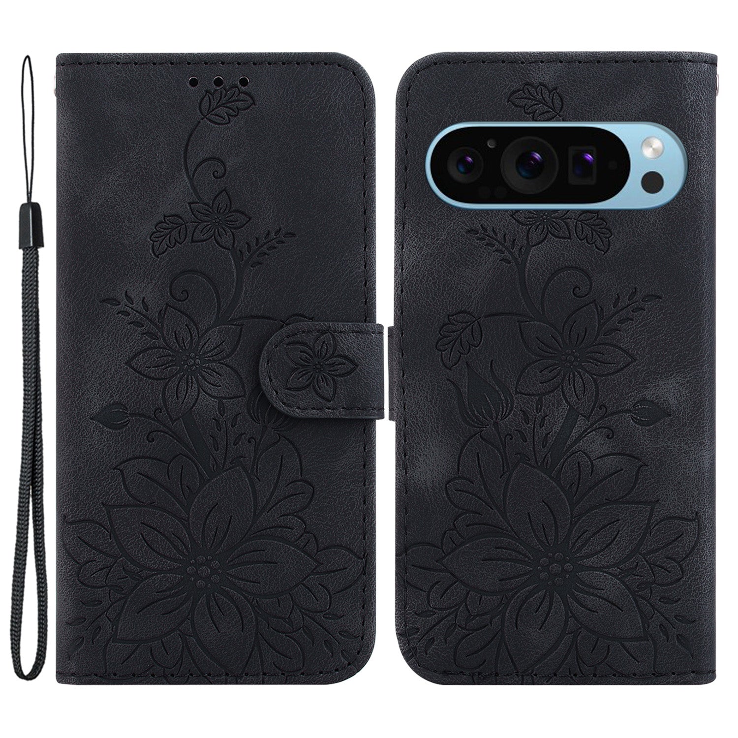 For Google Pixel 9 Pro Cell Phone Case Leather Wallet Lily Flower Imprint Anti-drop Cover