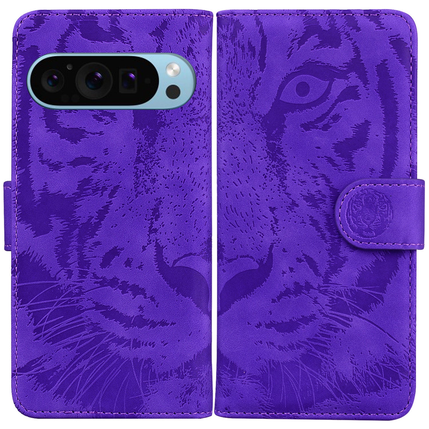 For Google Pixel 9 Pro Cover Tiger Imprint PU Leather Wallet Anti-shock Phone Stand Shell