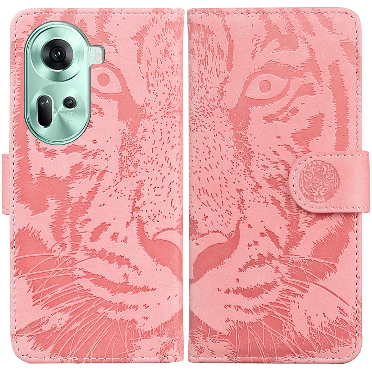 For Oppo Reno11 5G (Global) Case Tiger Imprint Leather Wallet Shockproof Cell Phone Cover